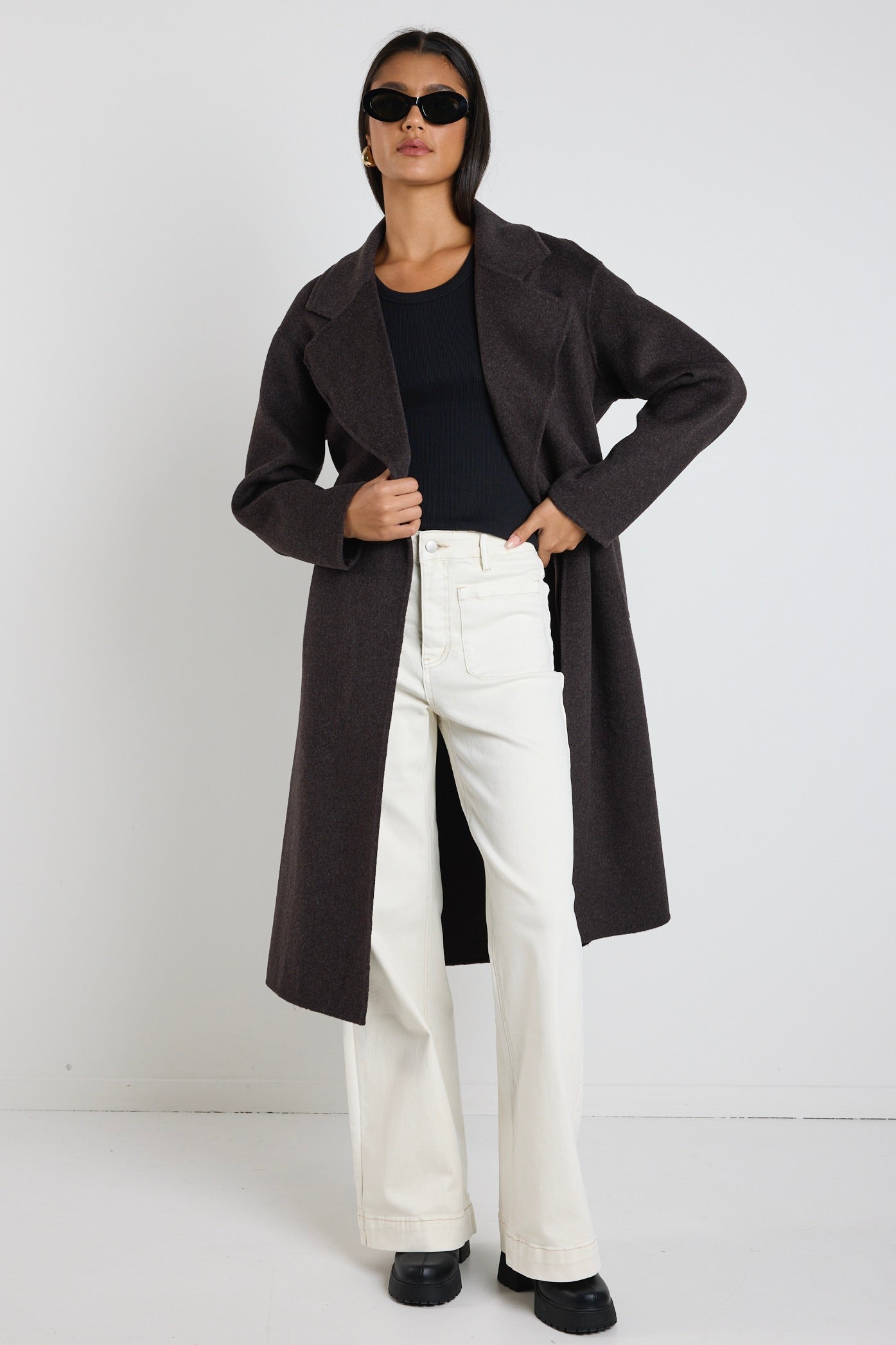 Geneva Chocolate Marble Wool Belted Coat - Women's Winter Trench Coat for Office & Casual Wear