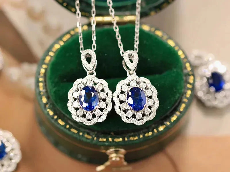 18K White Gold Pendant for Women with Natural Blue Sapphire & Shiny Diamonds - Romantic Embroidery Ball Design Wedding Jewelry Gift for Brides, Anniversaries & Special Occasions
