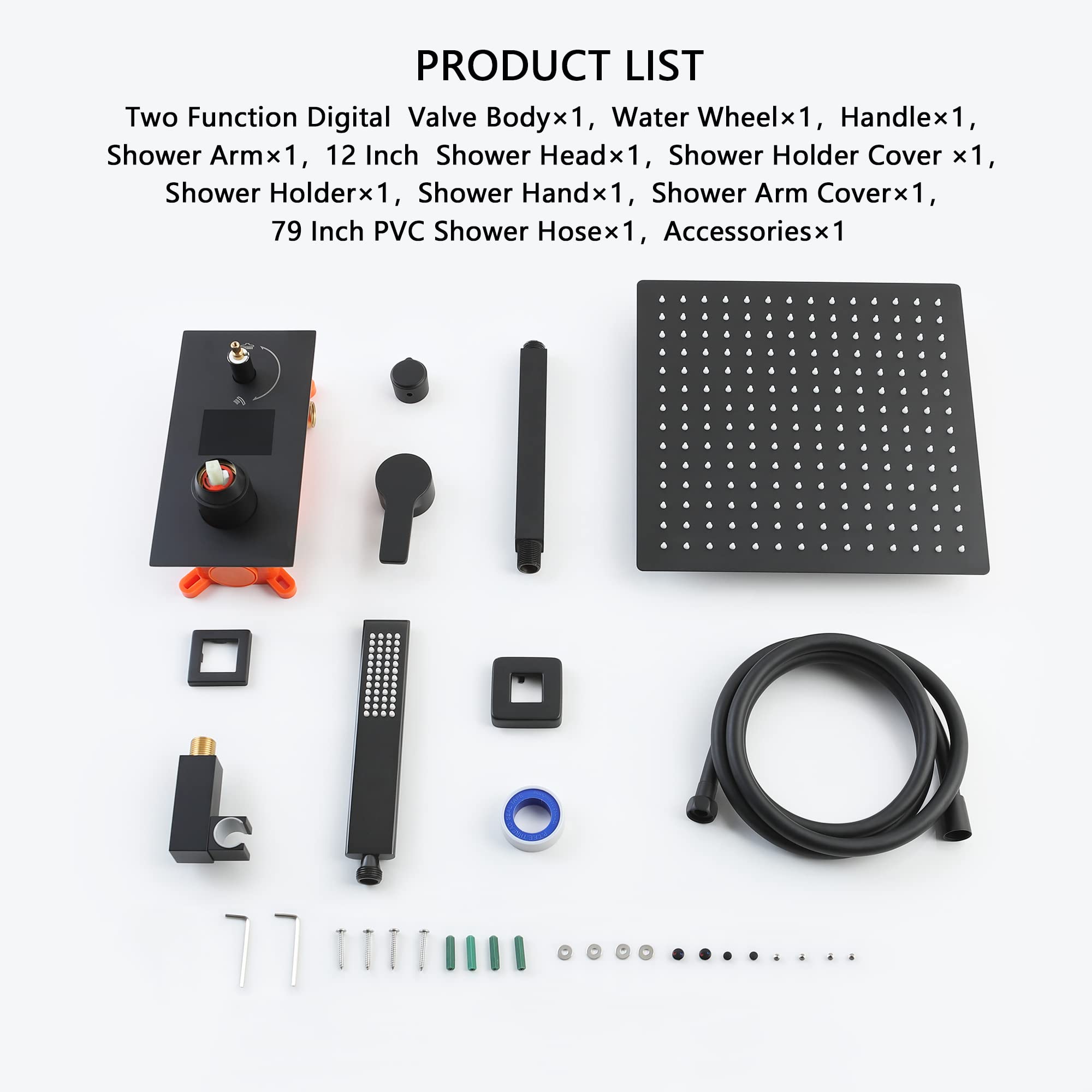 SKWOLL Matte Black Shower Faucet Set - 12 Inch Ceiling Mount Rain Shower Head with Digital LCD Display & 2 Function Valve Kit | Modern Bathroom Upgrade for Spa-Like Experience