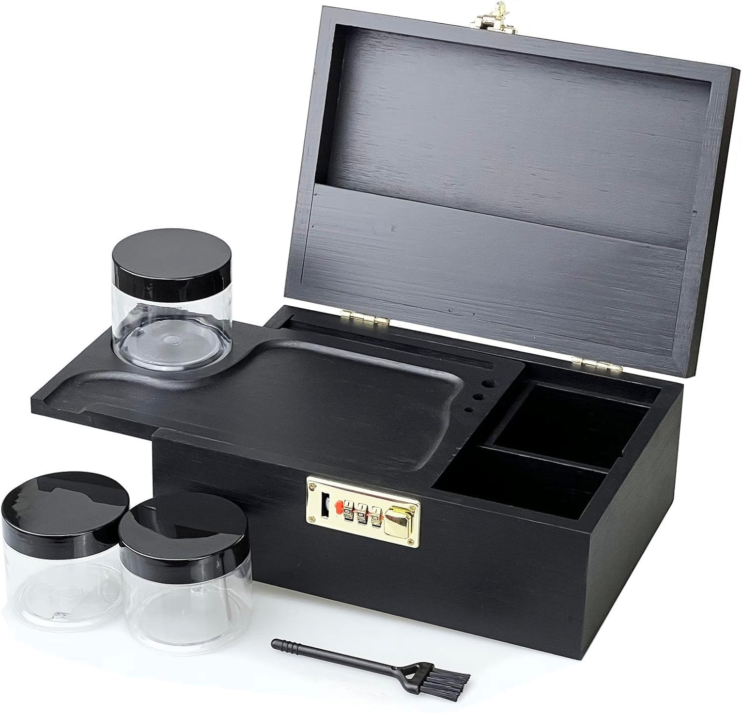 DEHVEN Bamboo Stash Box with Lock - 3 Jars & Brush Storage for Herbs & Jewelry