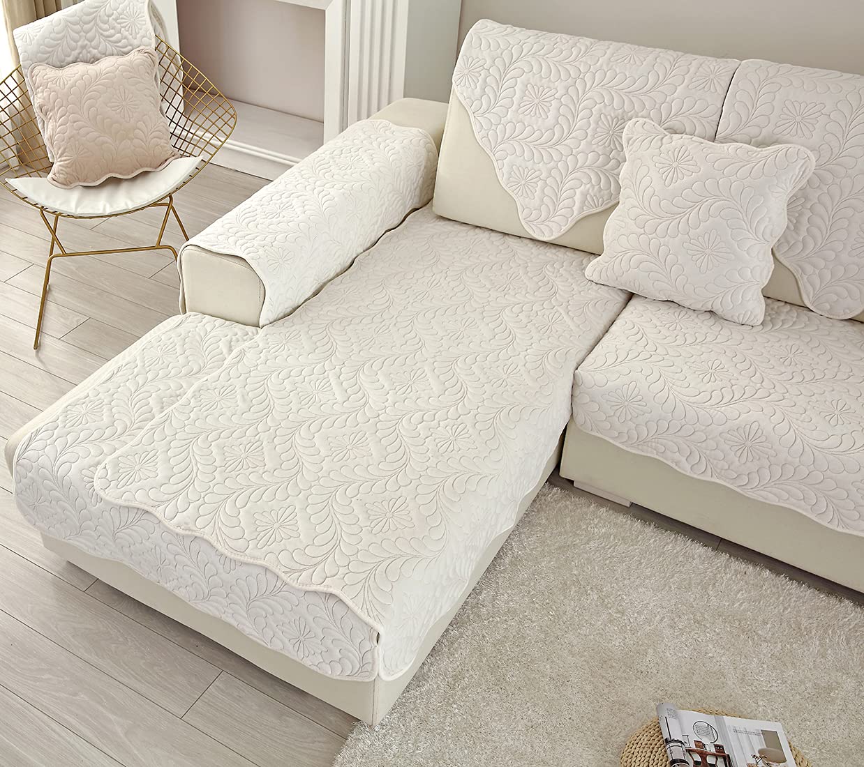 Velvet Quilted Sofa Cover - Soft Non-Slip Sectional Couch Slipcover for Pets, Fits L-Shaped & Recliner Couches (36