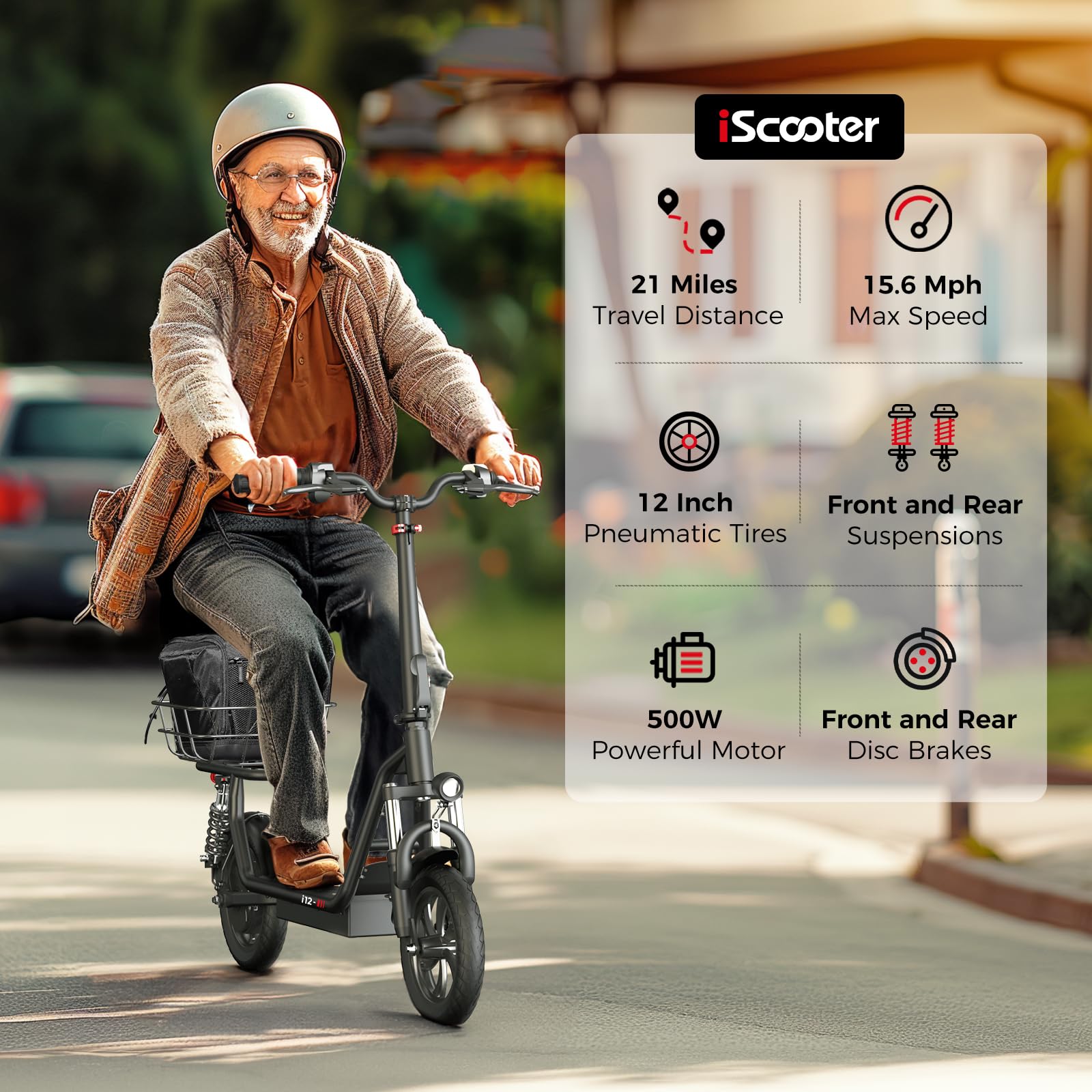 iScooter Electric Scooter with Seat - 37/21 Miles Long Range, 28/19/15.6 MPH Top Speed, 14