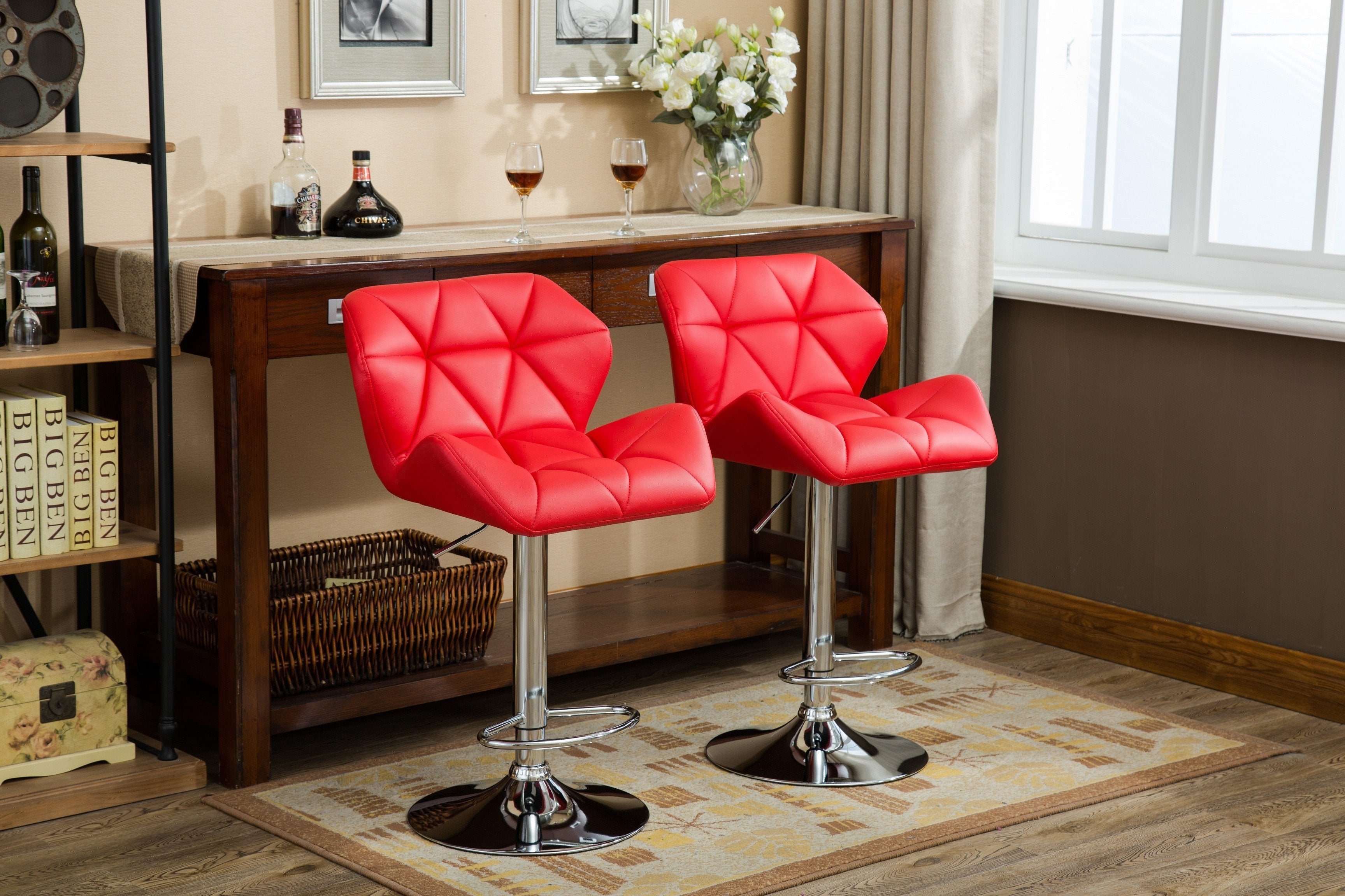 Roundhill Furniture Glasgow Contemporary Tufted Adjustable Hydraulic Bar Stools, Red, Set of 2 - Perfect for Kitchen Islands, Home Bars & Modern Dining Areas