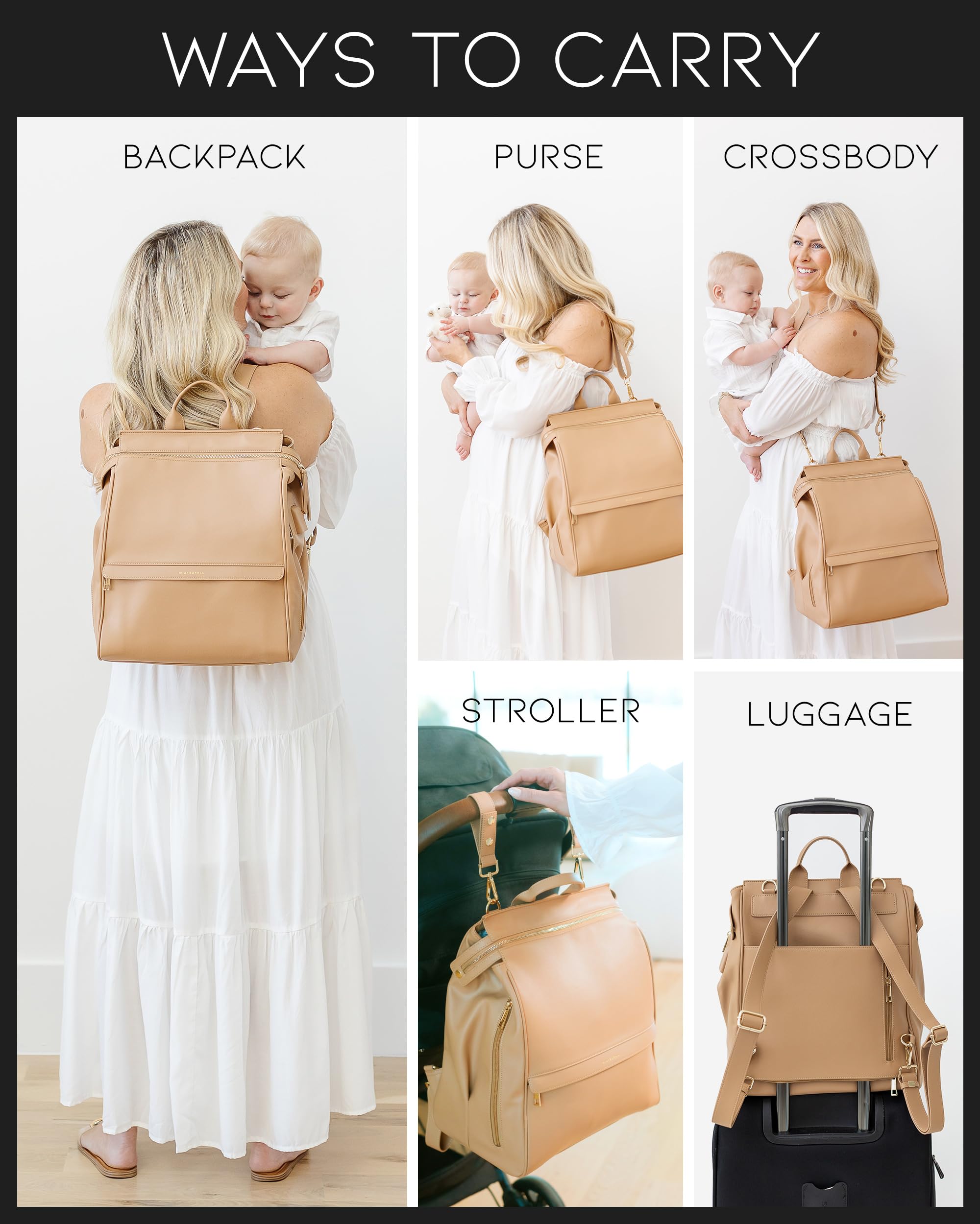 Premium Leather Diaper Bag Backpack with USB Charging Port, Insulated Bottle Pockets & Stroller Straps - Includes Changing Pad (Sophia Brown) | Perfect Baby Shower Gift & Hands-Free Parenting Essential for Travel, Park Outings & Daily Use