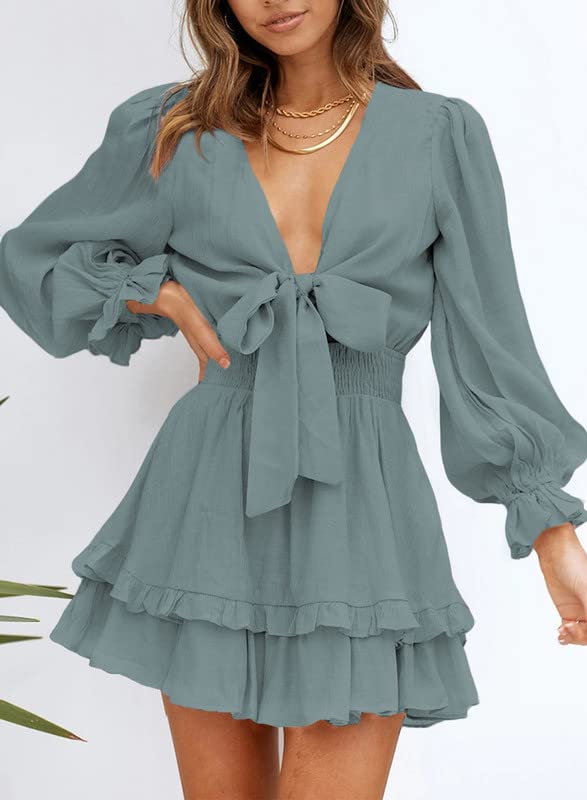 Dokotoo Women's Elegant Deep V Neck Knotted Tiered Chiffon Mini Skater Dress - Casual Summer Swing Dress for Party, Date Night & Vacation 2025