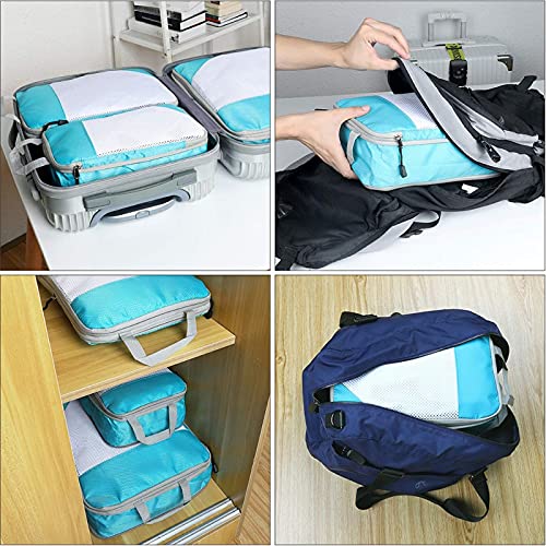 4-Piece Compression Packing Cubes Set - Travel Storage Organizer for Luggage & Suitcases | Expandable Mesh Bags for Clothes, Underwear & Shoes (Blue) | Perfect for Business Trips, Vacations & Weekend Getaways