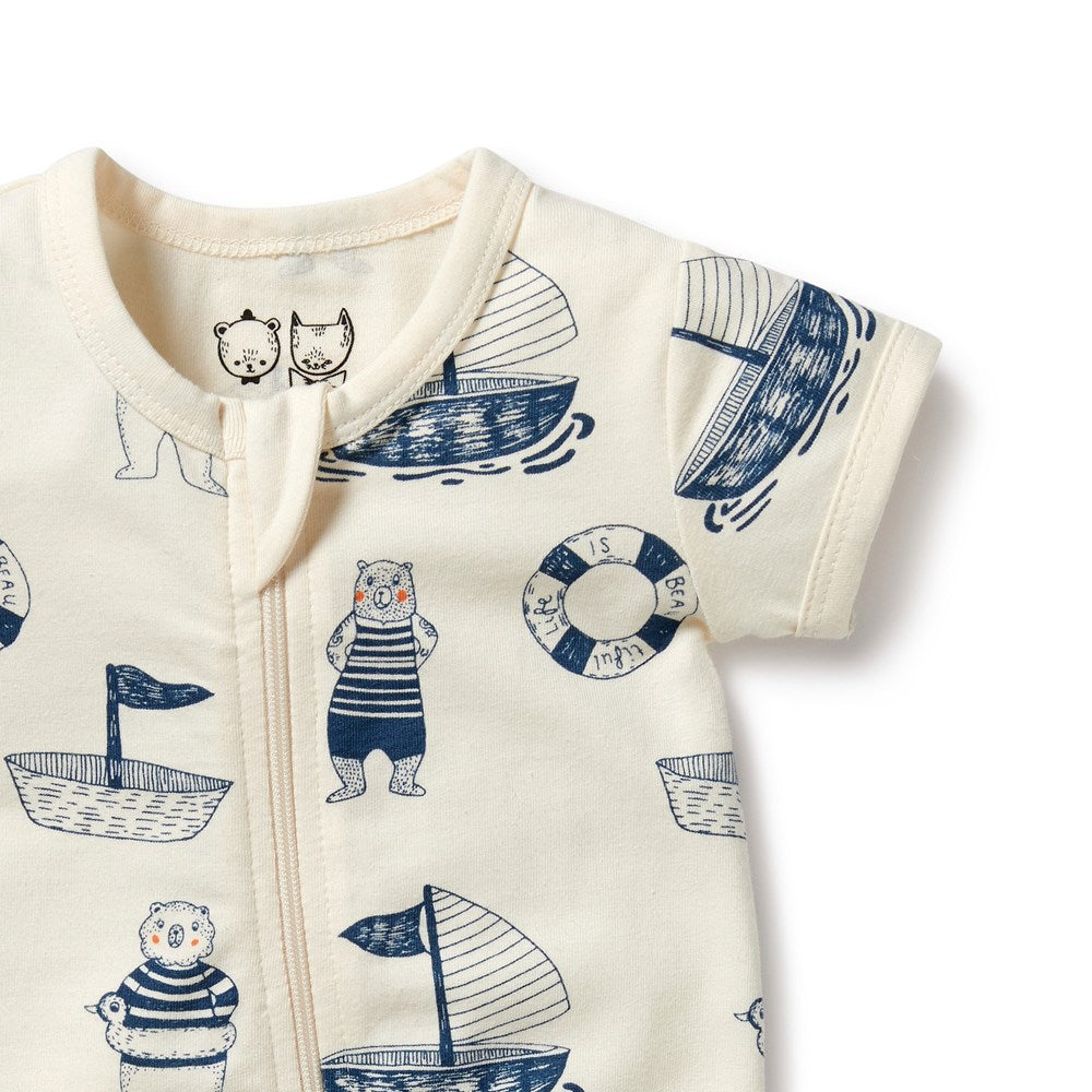 Nautical Bear Organic Cotton Boyleg Zipsuit for Baby Girls & Boys - Soft & Breathable One-Piece Pajamas for Cozy Sleep & Playtime