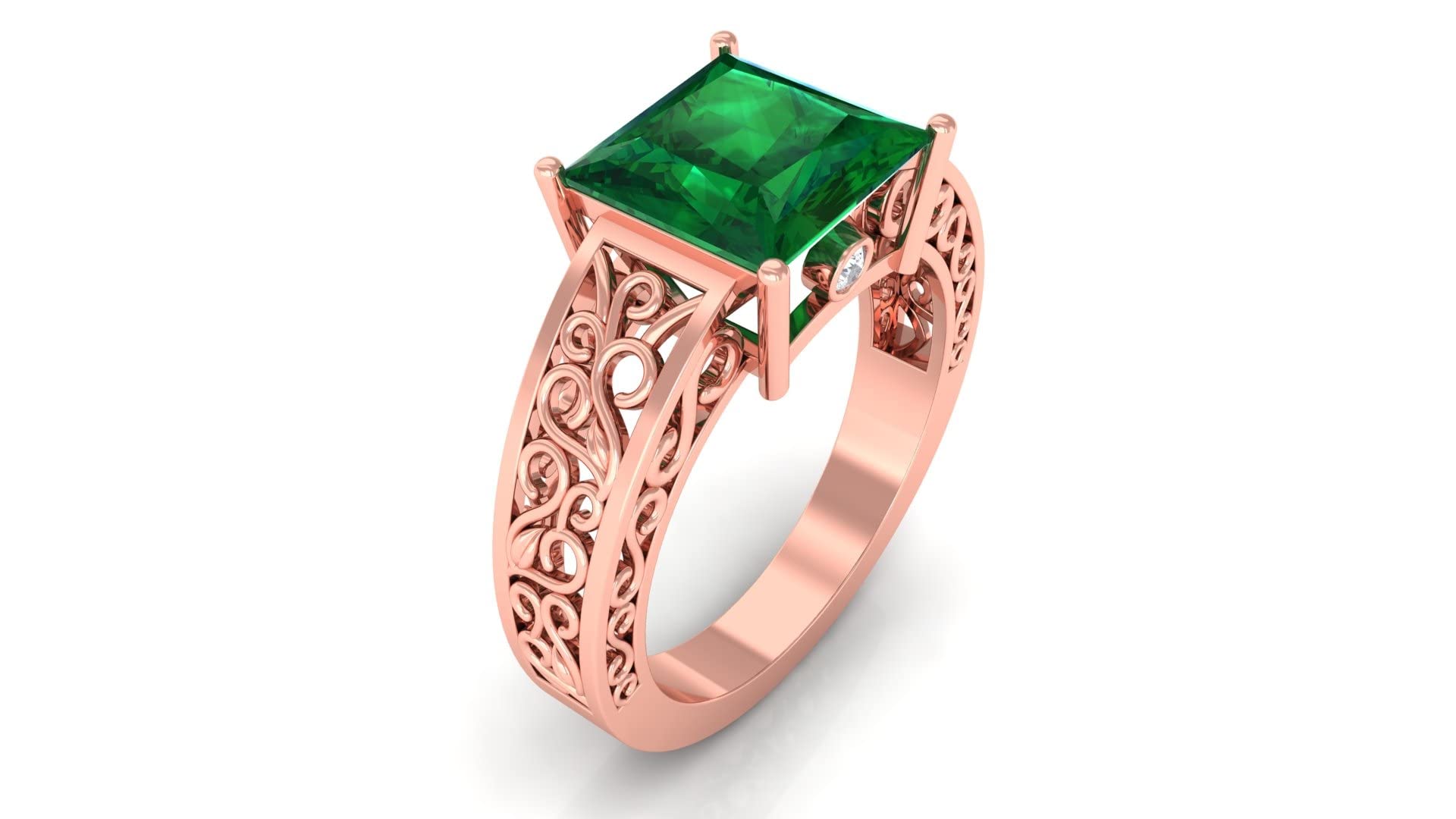 14K Solid Gold Princess Cut Created Emerald Solitaire Ring with Moissanite Accents - Elegant Filigree Design for Engagement, Wedding & Anniversary Jewelry Gift
