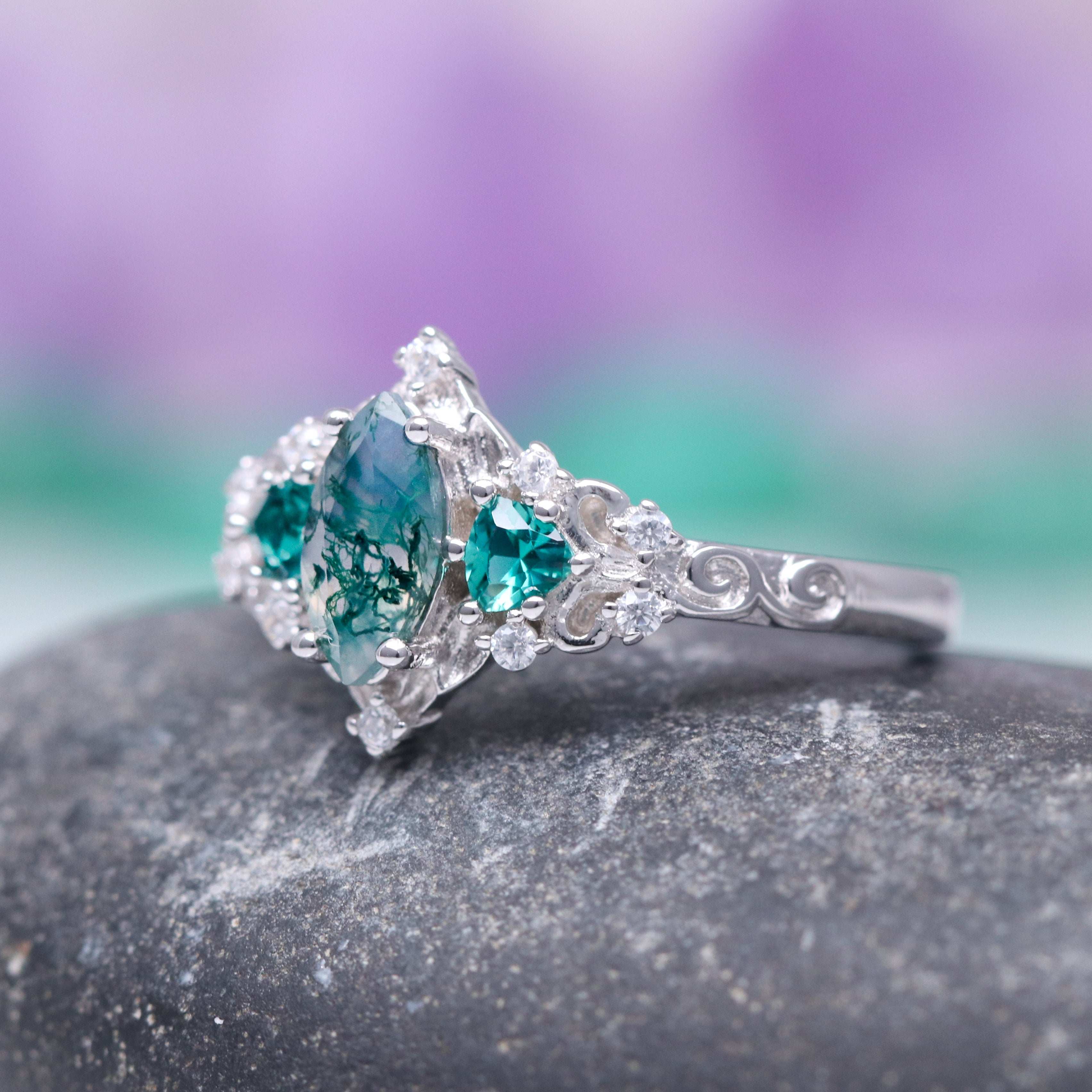 14K White Gold Moss Agate & Teal Sapphire Leaf Ring for Women - Elegant Nature-Inspired Jewelry for Weddings, Parties & Everyday Wear