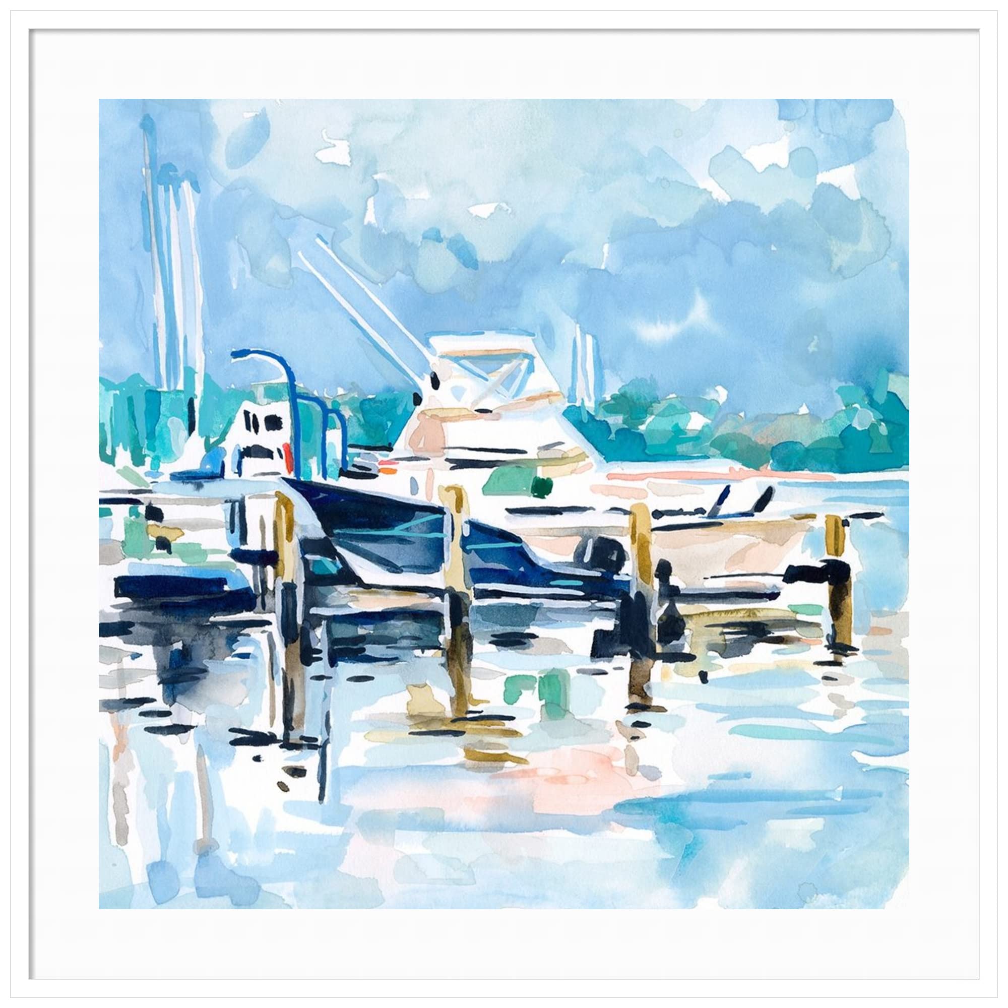 Emma Scarvey Watercolor Marina II Art Print - 41x41 Inch Oversized Wood Framed Wall Decor with Svelte White Frame | Perfect for Living Room, Bedroom & Office Wall Art