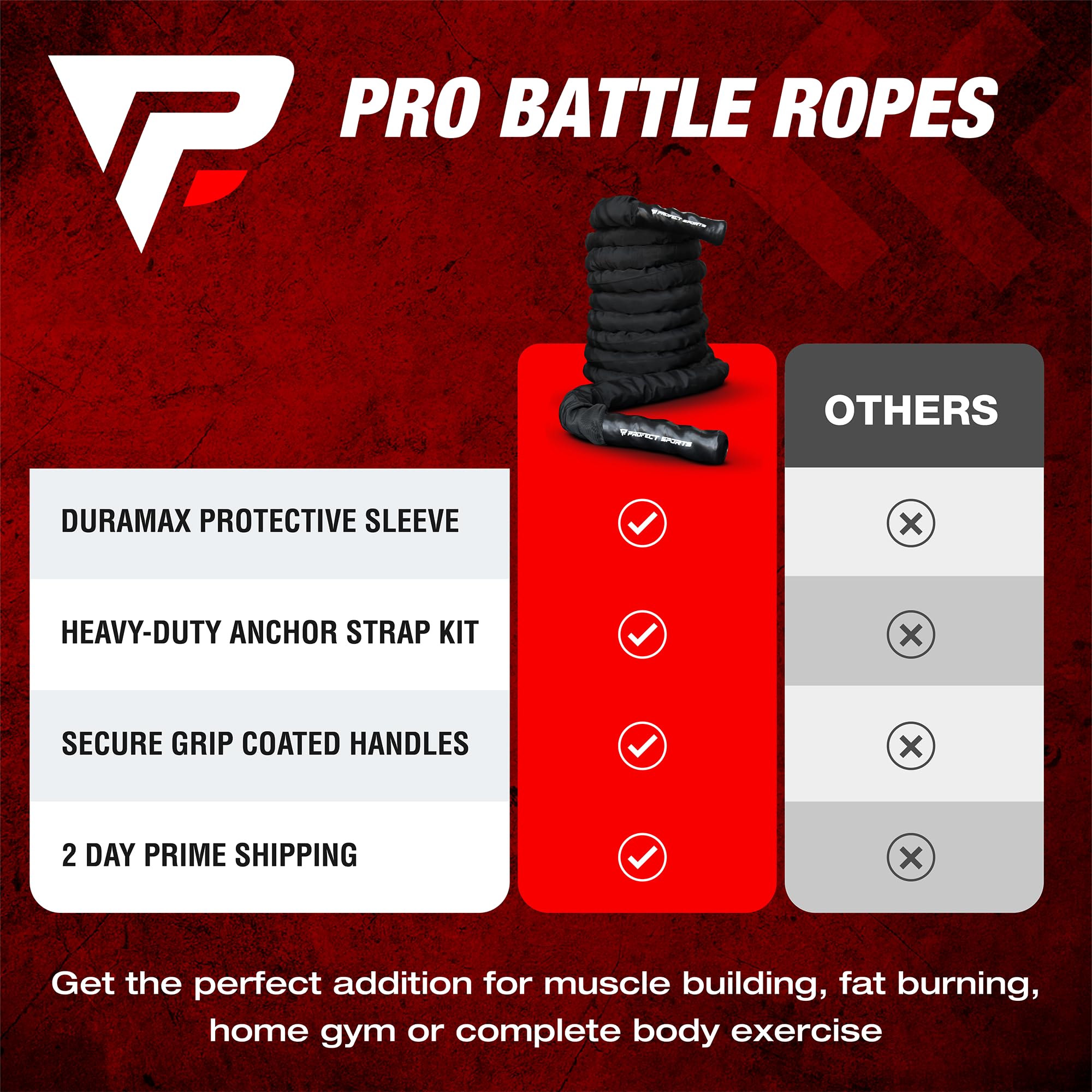 50ft Heavy Duty Battle Rope with Protective Sleeve - ABS Grip for Strength Training, Cardio & CrossFit - Ideal for Home Gym, Outdoor Workouts & Fitness Classes (Black, Plastic Material)