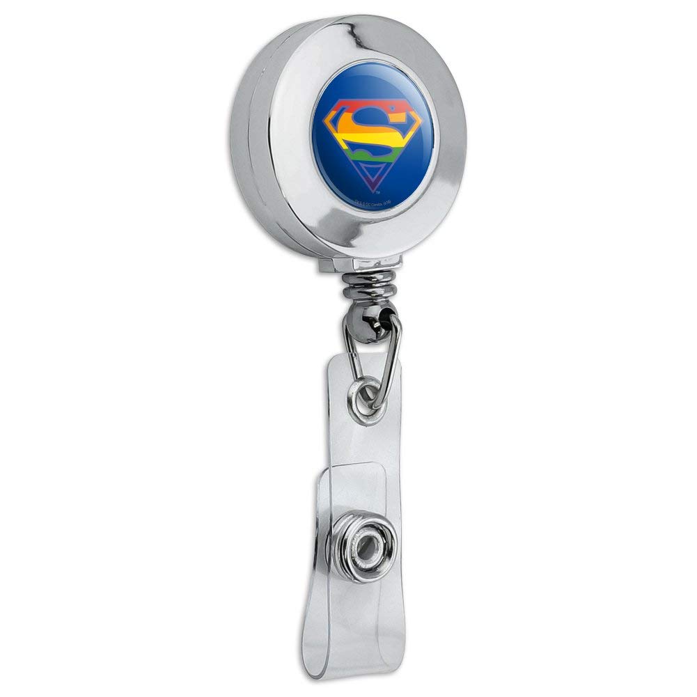Superman Rainbow Shield Logo Retractable ID Badge Holder - Chrome Metal Clip for Work Security, Comic Con & Cosplay Events