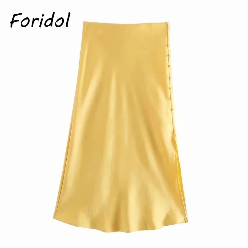 Foridol Women's High Waist Button Slit Midi Satin Skirt - Elegant A-Line Silk Skirt for Office & Autumn Wear | Perfect for Work, Date Night & Special Occasions