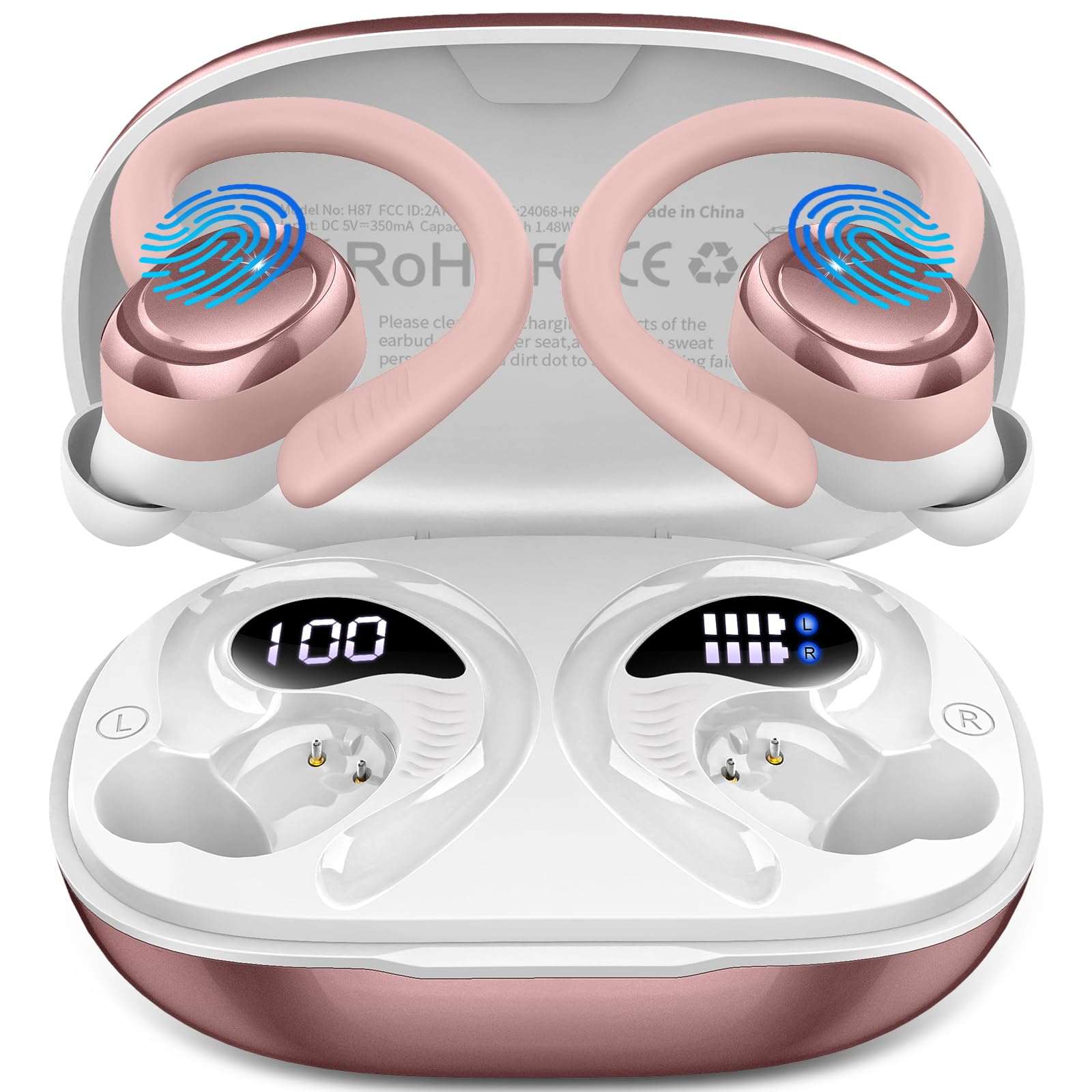 **2025 Wireless Bluetooth 5.4 Earbuds with Earhooks, 50H Playtime, 4 ENC Noise Canceling Mic, IP7 Waterproof – Stereo Sound for Running, Gym, Workout, Commuting & Travel**