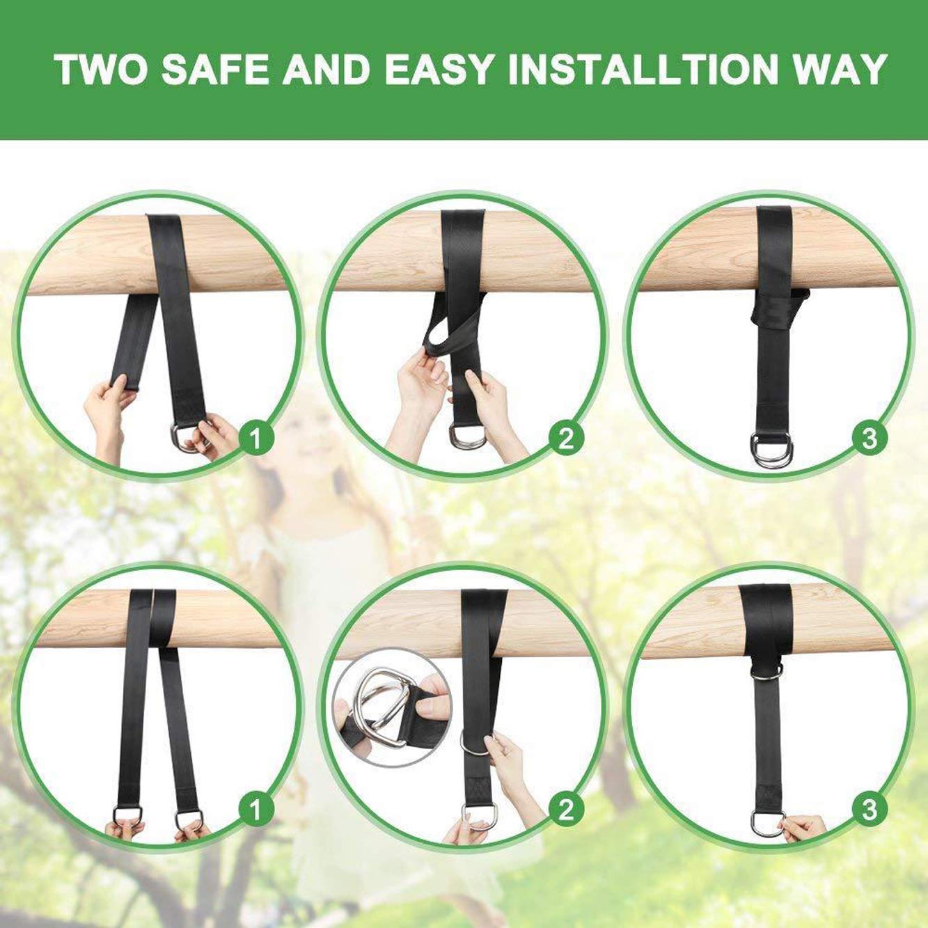 DIORES Heavy Duty Tree Swing Hanging Kit - 2100 LB Capacity Hammock Straps with 2 Safe Lock Snap Hooks (Set of 2) - 5 FT Adjustable Swing Straps for Backyard, Camping & Outdoor Relaxation - Easy Installation for Tree Swings & Hammocks