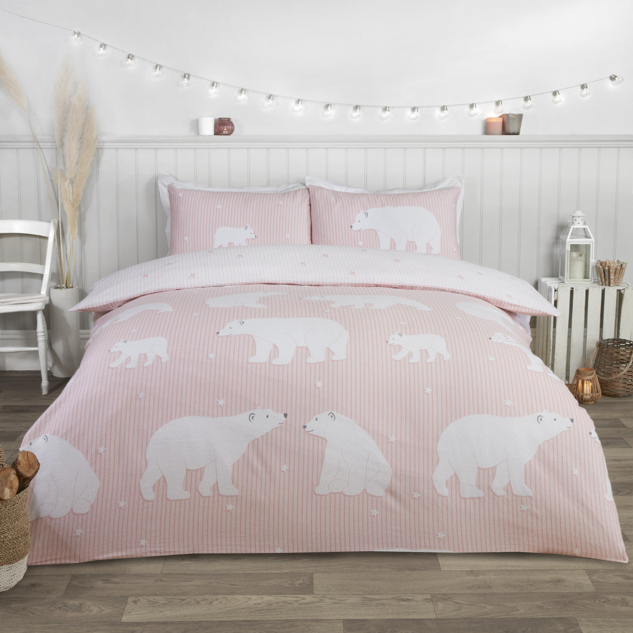 Soft Polar Bear Brushed Cotton Duvet Set - Pink Flannel Bedding for Cozy Winter Nights | Perfect for Kids' Rooms, Guest Bedrooms & Cold Weather Comfort