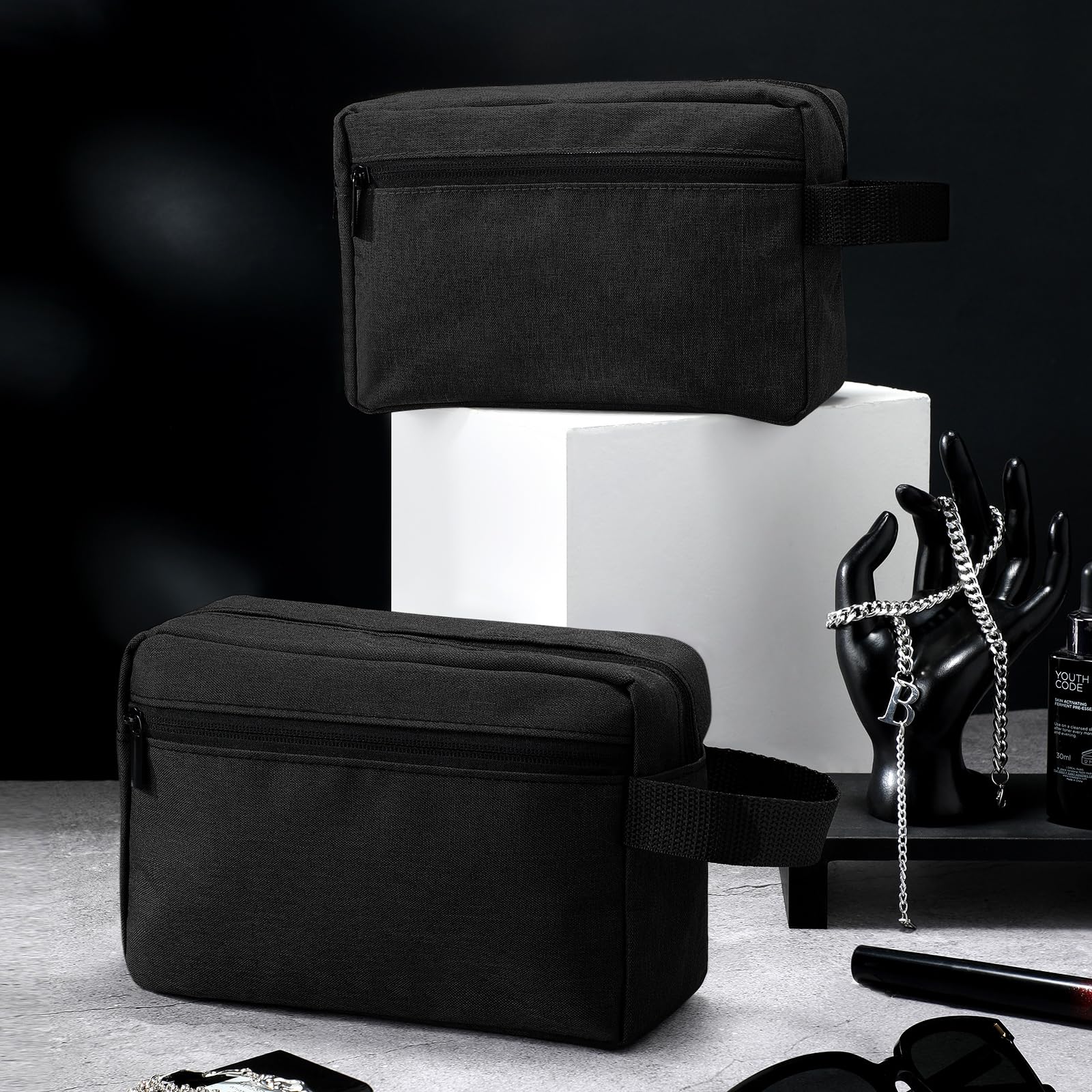 **16 Pcs Travel Toiletry Bag for Women & Men – Large Water-Resistant Hanging Cosmetic Bag with Handle & Divider – Perfect for Shaving, Makeup & Travel Storage (Black)**    *(Ideal for Camping, Gym, Business Trips & Vacation Organization)*