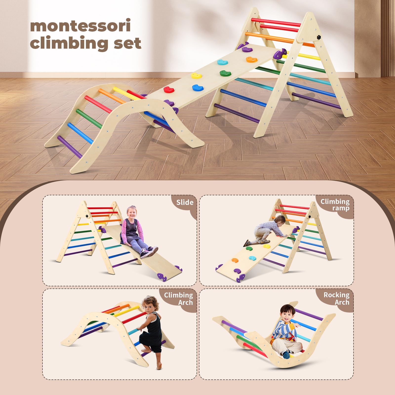 **Pikler Triangle Set Climber 5-in-1 - Foldable Wooden Montessori Climbing Toy for Toddlers 2-6 Years - Indoor Play Gym with Ramp, Arch, Mat & Climbing Tripod - Perfect for Home, Daycare & Montessori Classrooms**