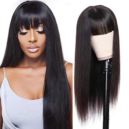 Panse Hair Peruvian Straight 10A Human Hair Wig with Bangs - 150% Density Machine Made Lace Front Wig for Black Women - Natural Color 24 Inch - Perfect for Daily Wear, Cosplay & Special Occasions