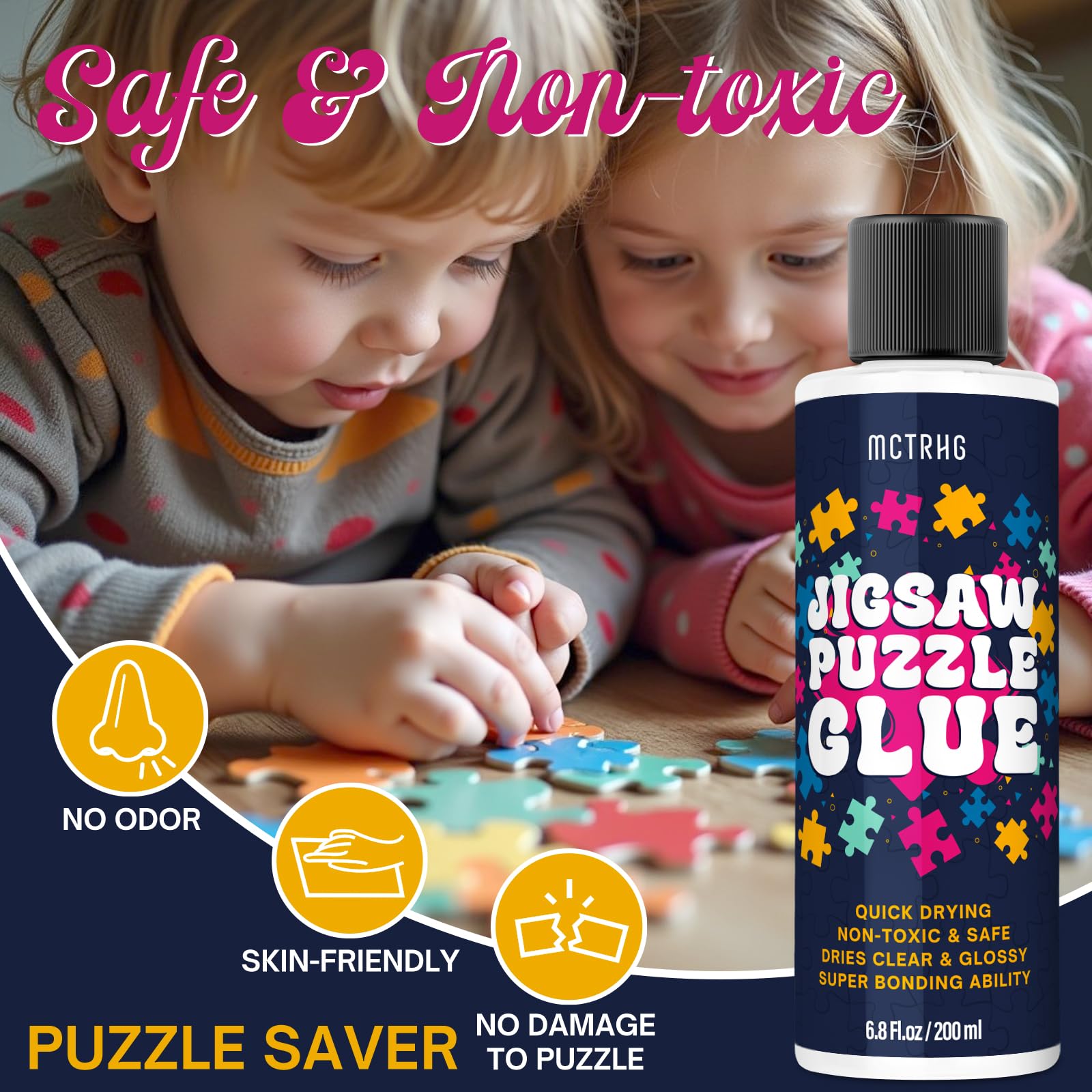 200ML Clear Jigsaw Puzzle Glue Kit with 2 Applicators - Quick-Drying, Non-Toxic & Water-Soluble Puzzle Adhesive for 3000/4500/5000 Piece Puzzles - Perfect for Preserving Finished Puzzles for Framing or Display (Great Gift for Puzzle Lovers & Adults)