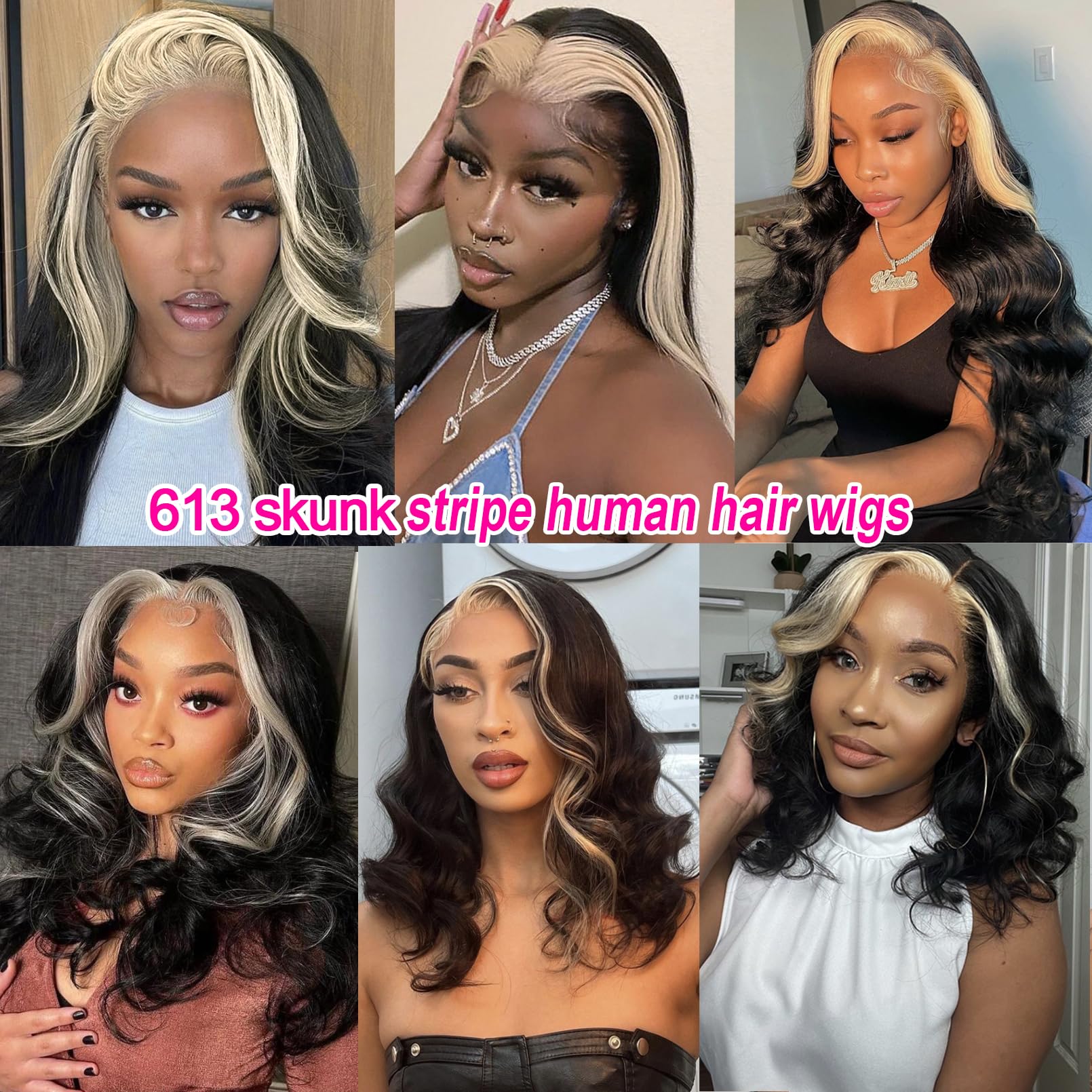 BLG 613 Skunk Striped Lace Front Wig - 22 Inch Human Hair Body Wave Wig for Women - 180% Density Glueless Design with Pre-Plucked Baby Hair | Perfect for Cosplay, Halloween, and Daily Fashion Styling