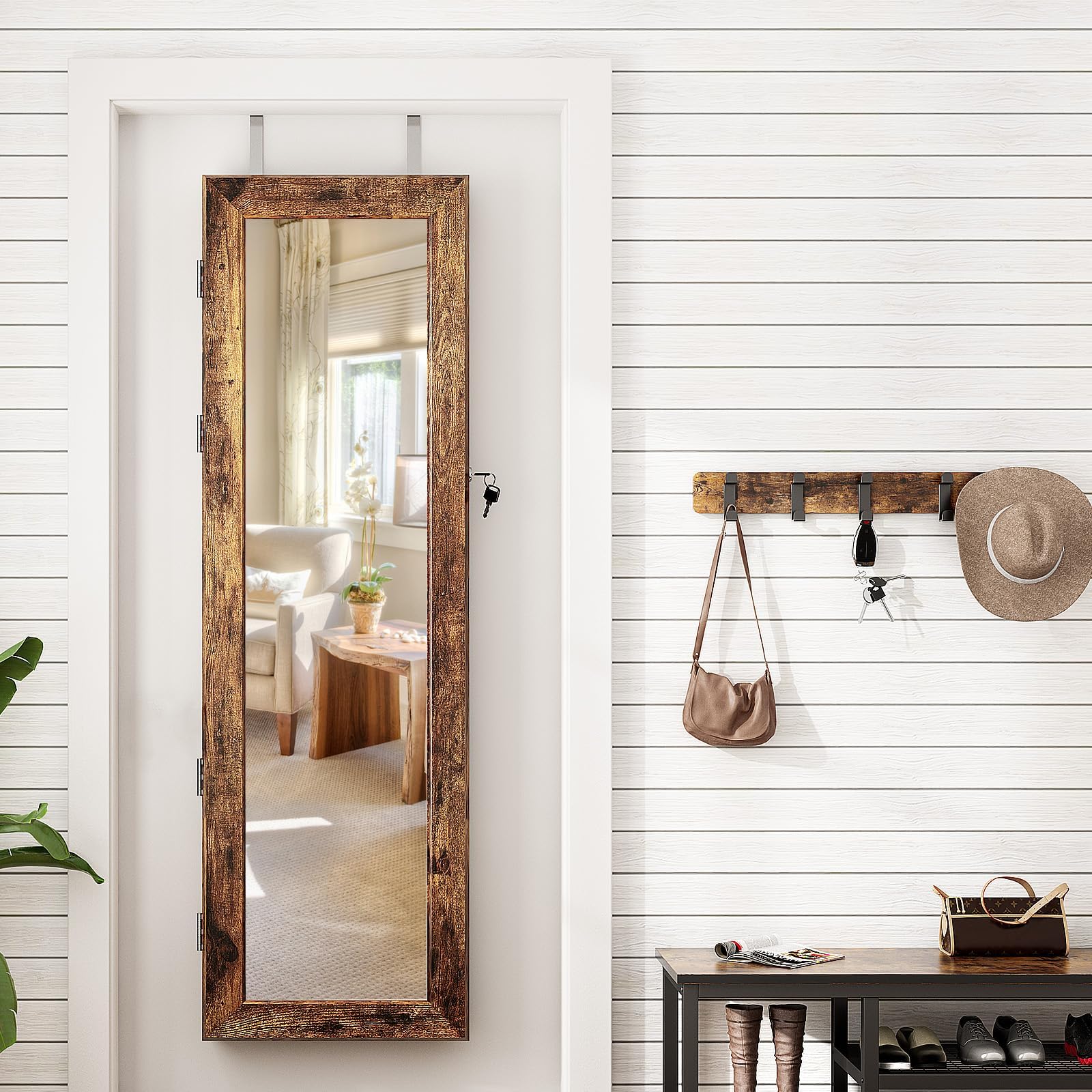 SDHYL LED Mirror Jewelry Cabinet - Full Length Wooden Storage Organizer with Lock, Wall or Door Mounted - Rustic Brown for Bedroom, Closet & Dressing Room