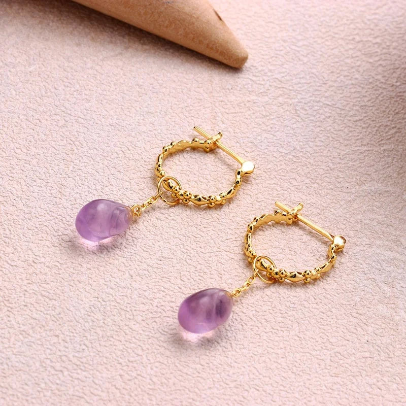 Natural Amethyst Teardrop Earrings for Women - Aquarius Zodiac Jewelry | TB1595 | Elegant Dangle Earrings for Parties, Weddings & Everyday Wear