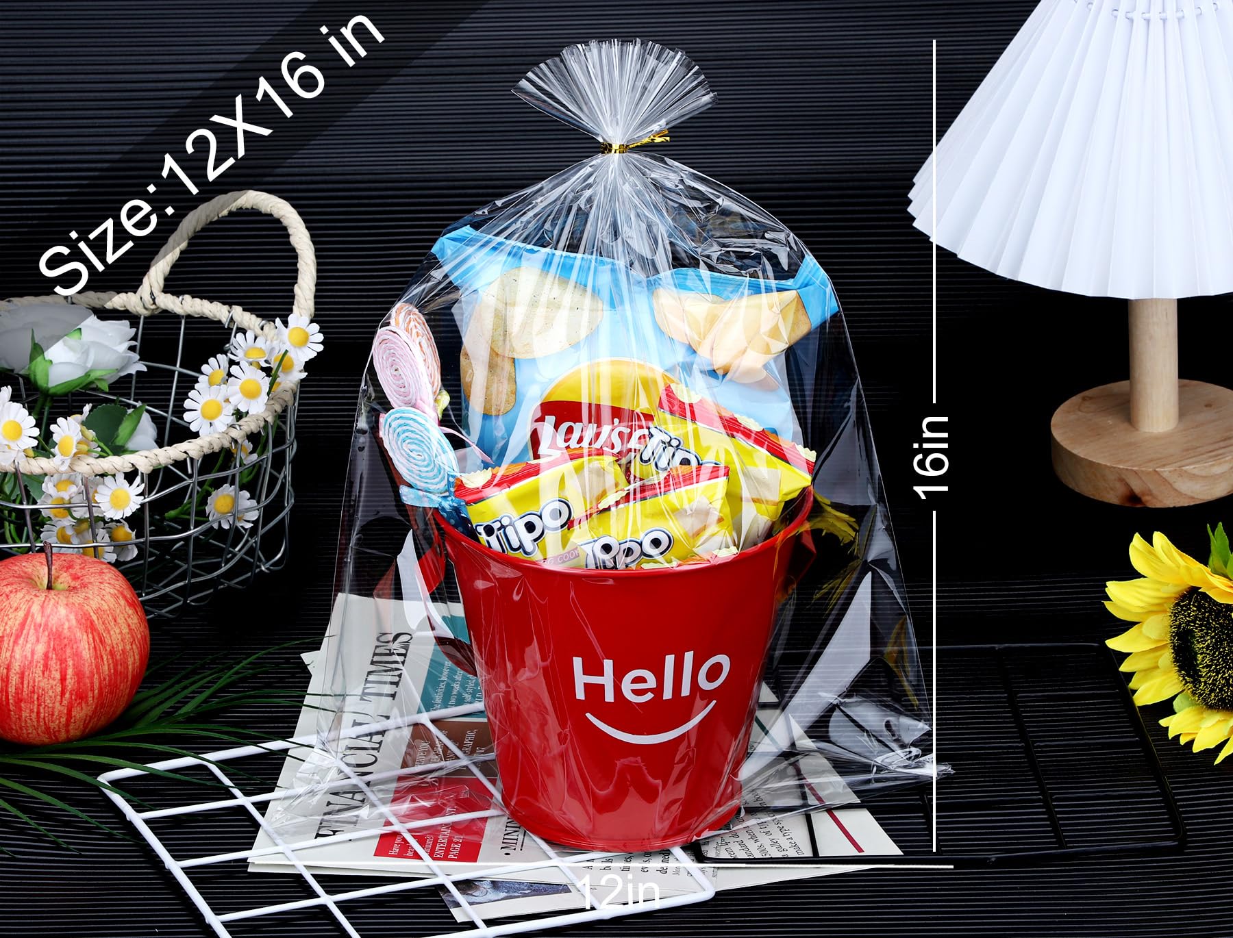 OYAVISR 50pcs 12x16 Inch Clear Cellophane Candy Bags with Ties - Party Favor, Goodie, Cake Pop, Gift, Apple & Cookie Bags for Bakery, Birthday, Baby Shower, Wedding Favors and Holiday Gift Baskets