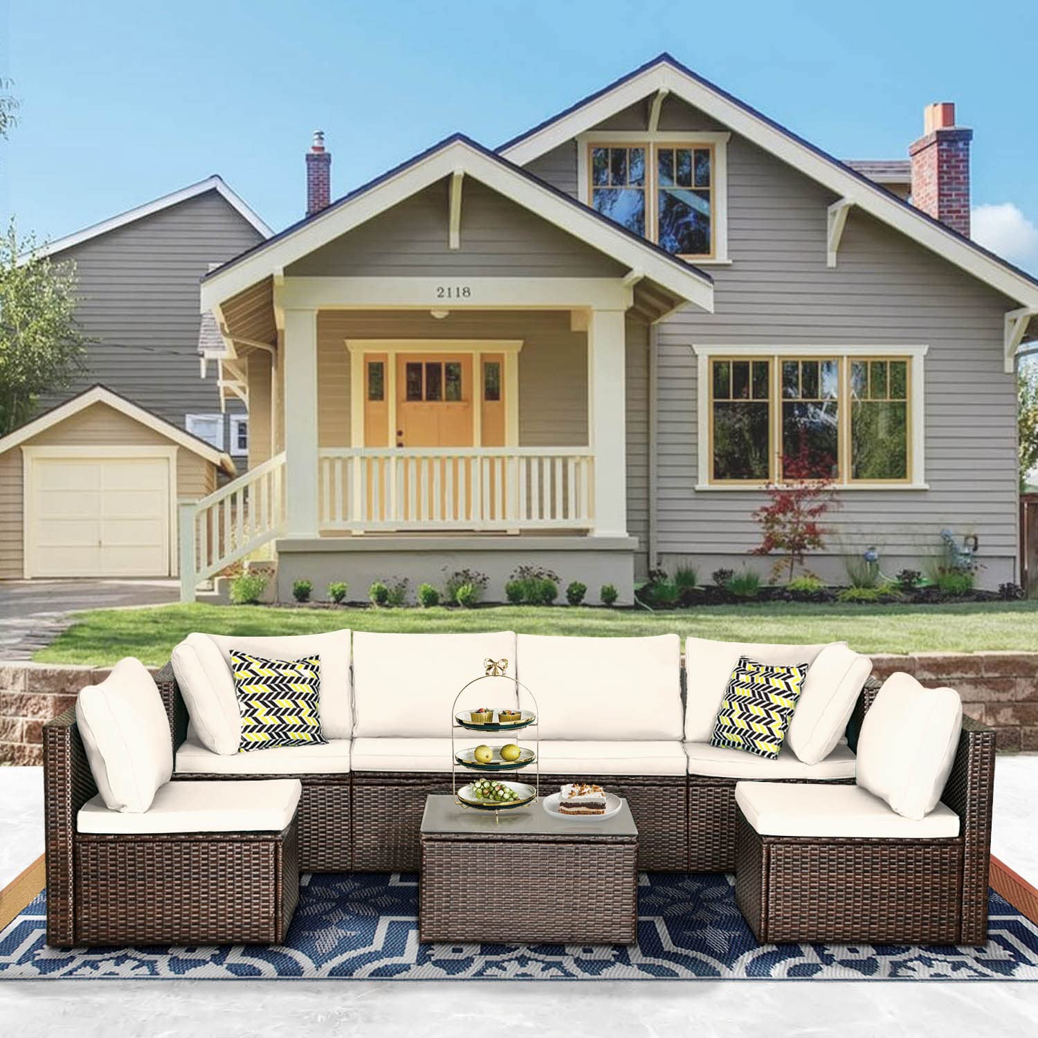 7-Piece Outdoor Patio Furniture Set - Wicker Conversation Sectional Sofa with Coffee Table - Khaki Cushioned Backyard, Porch, Balcony & Poolside Lounge Set for Relaxing & Entertaining