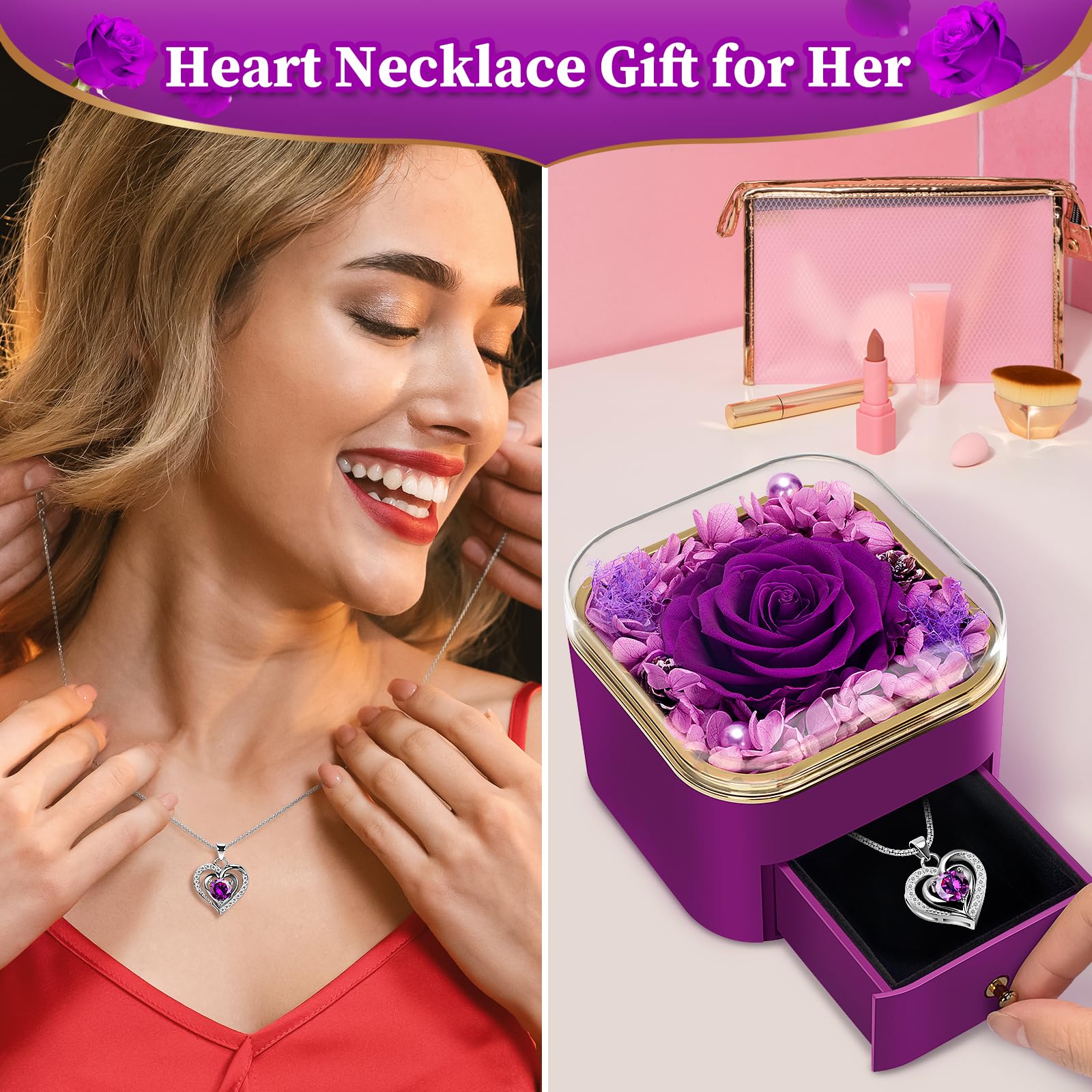 Real Preserved Rose with Heart Necklace - Romantic Eternal Flower Gift for Women, Girlfriend, Wife, Mom, Grandma - Birthday, Anniversary, Christmas Present - Perfect for Special Occasions & Keepsakes (Purple)