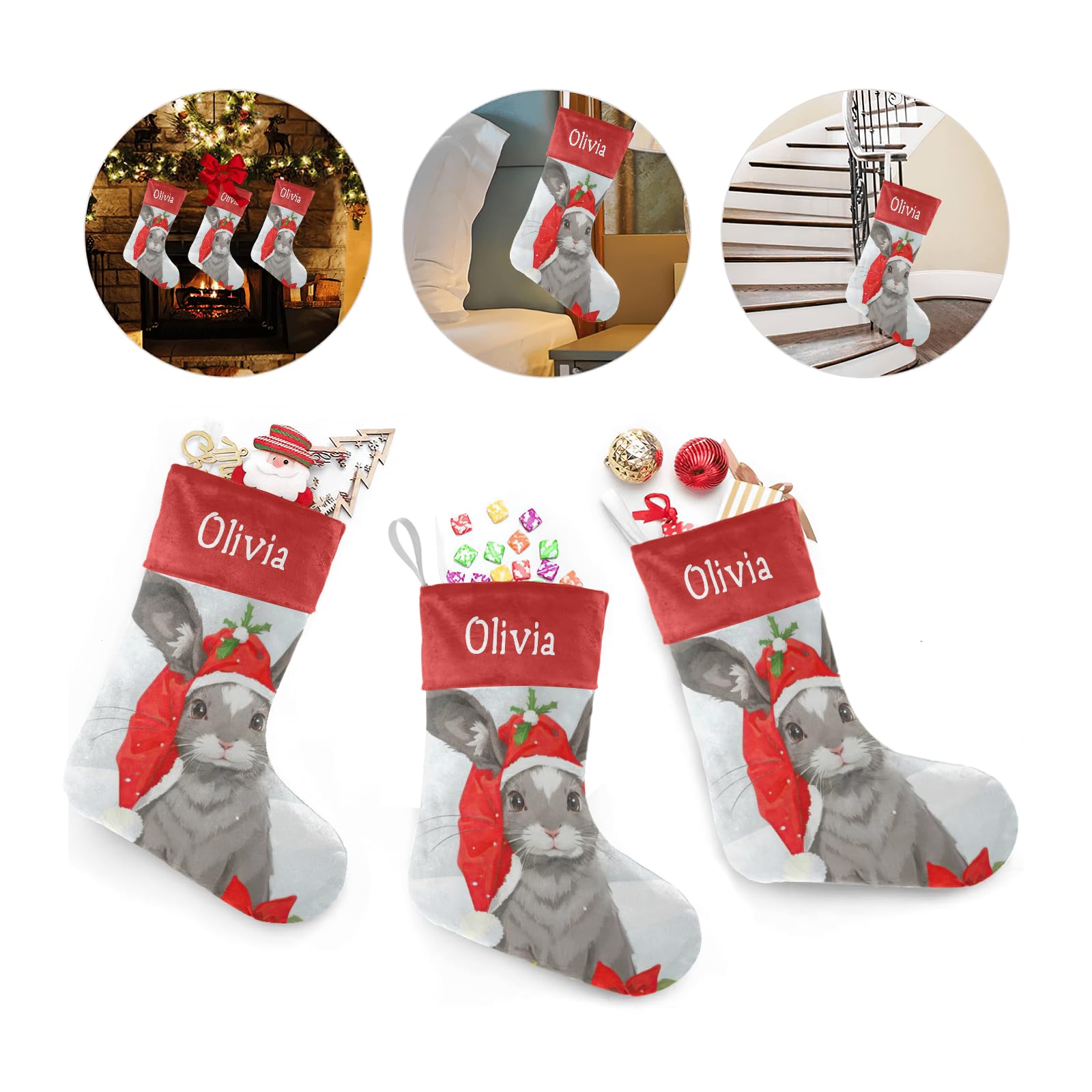 Personalized Christmas Stockings with Name - Cute Bunny Rabbit Design for Family Holiday Decorations - Xmas Gift for Kids & Adults (17.52 x 7.87 Inch) - Perfect for Fireplace Mantel, Christmas Tree Decor & Festive Home Styling