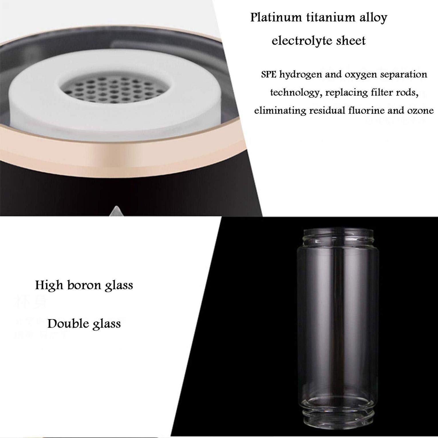 Portable 380ml Hydrogen-Rich Alkaline Water Bottle with USB Charging - Glass Travel Water Cup for Outdoor, Sports & Daily Hydration - Black