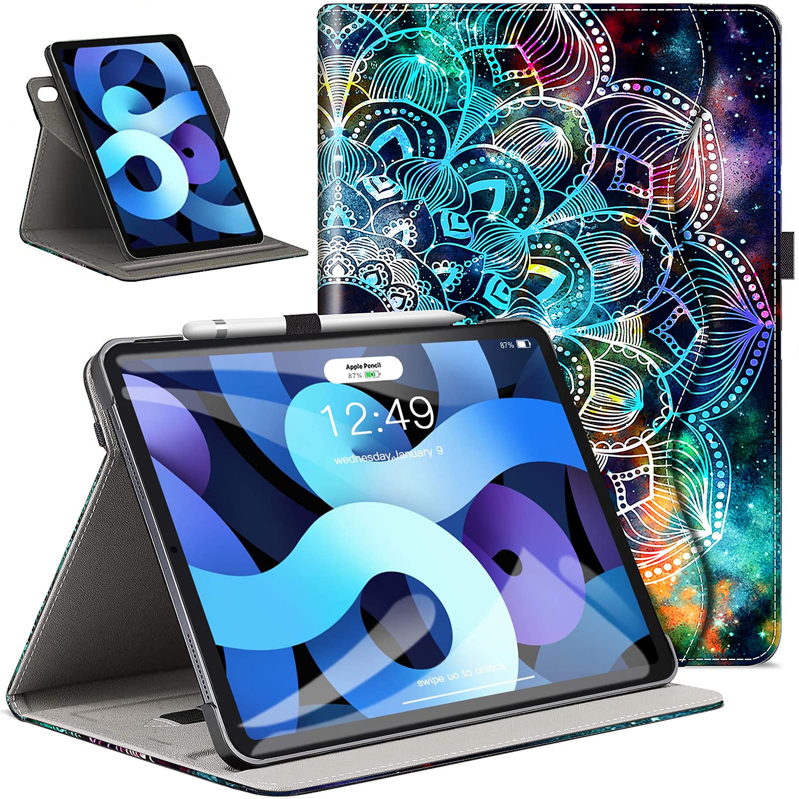 VORI 360 Rotating Folio Case for iPad Air 5th/4th Generation (2022/2020) - Multi-Angle Stand Cover with Pocket, Auto Sleep/Wake, Mandala Galaxy Design - Perfect for Work, Study & Travel