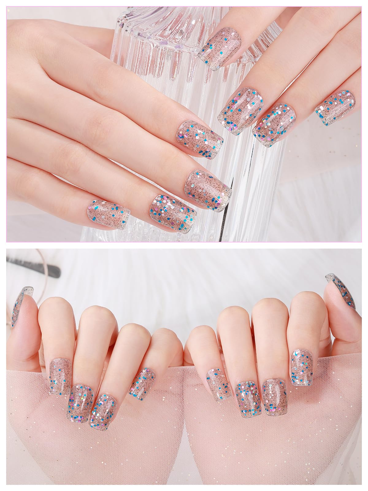 TOROKOM 20-Piece Blue Sequins Cured Gel Nail Strips Kit with Adhesive Wraps, Nail File & Sealing Strip | DIY Salon-Quality Manicure at Home | Requires UV/LED Lamp for Long-Lasting Wear (Perfect for Parties, Weddings & Special Occasions)