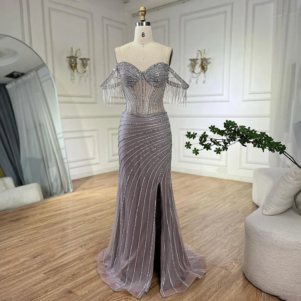 Elegant Silver Beaded Tassel Mermaid Evening Gown with Boat Neck & High Slit - Perfect for Prom, Gala & Formal Events - LA72391