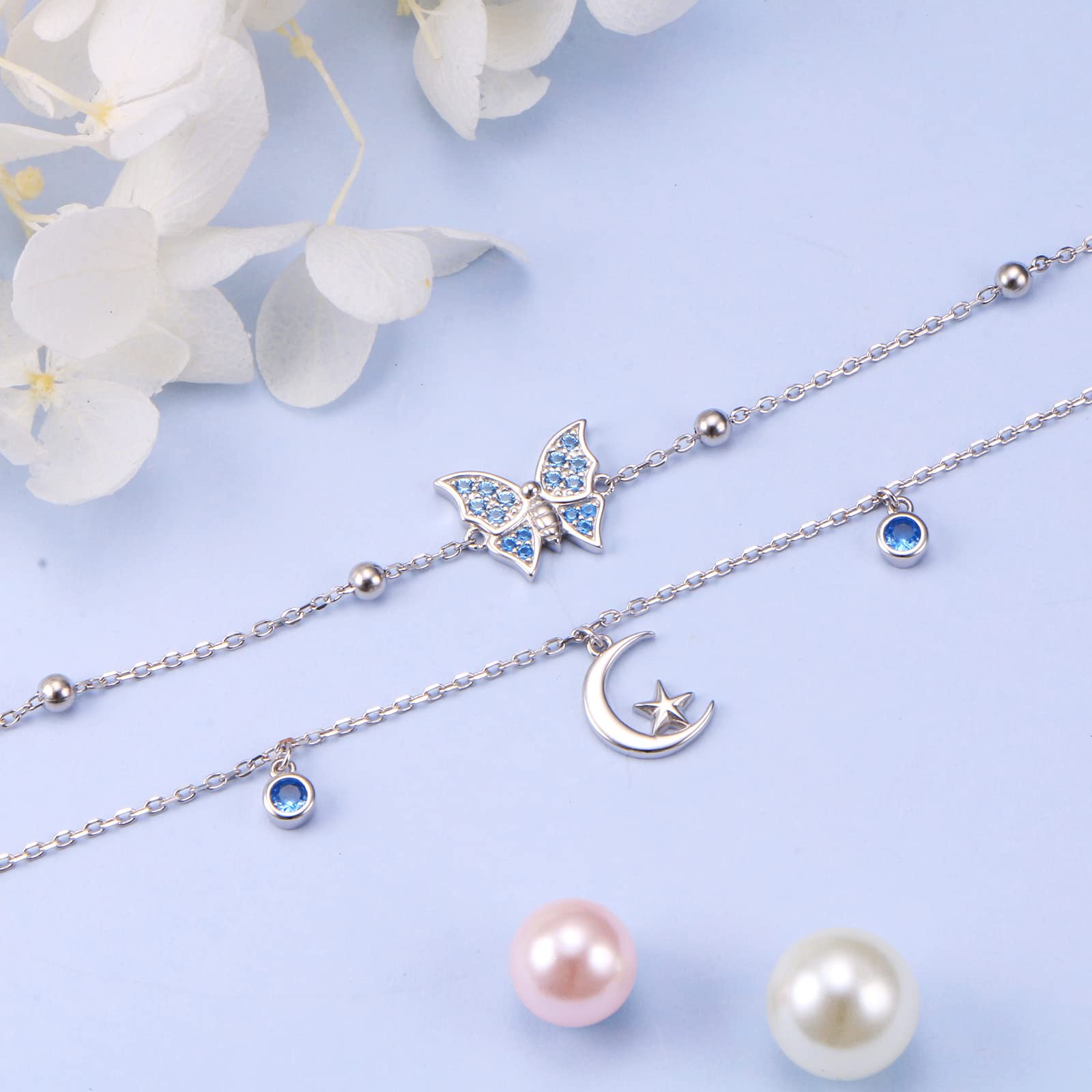 HOOHWE Sterling Silver Ankle Bracelets for Women - Adjustable Double Layered Anklet Beach Jewelry Gift for Teens & Girls | Perfect for Summer Vacations, Weddings, and Boho Fashion Accessories