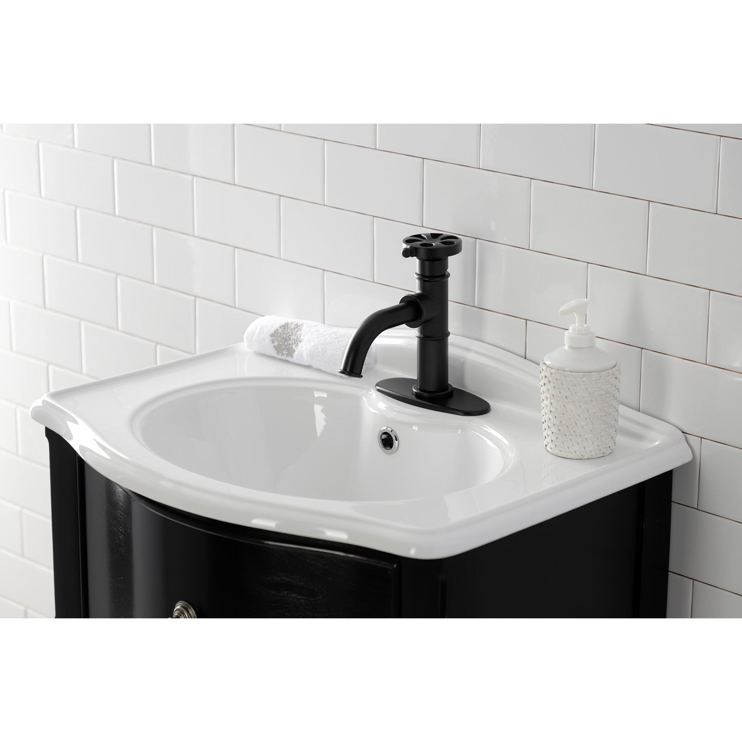 Belknap KSD2820RX Matte Black Single Handle Bathroom Faucet with Deck Plate & Push Pop-Up Drain - Perfect for Modern Bathroom Renovations and Small Space Vanities