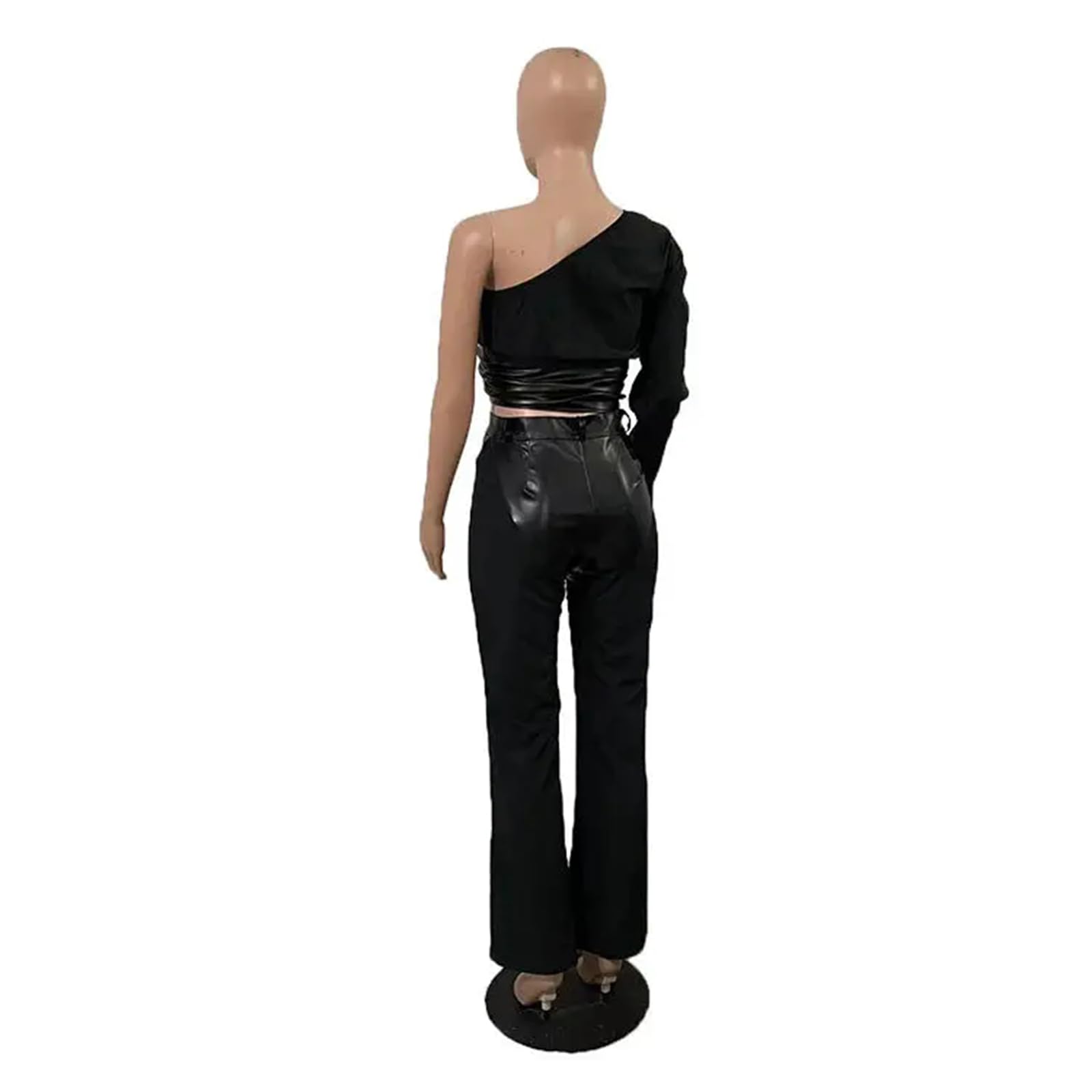 Women's Faux Leather Patchwork One Shoulder Crop Top & Wide Leg Pants Suit Set - Trendy Two Piece Outfit for Night Out, Party, or Date Night