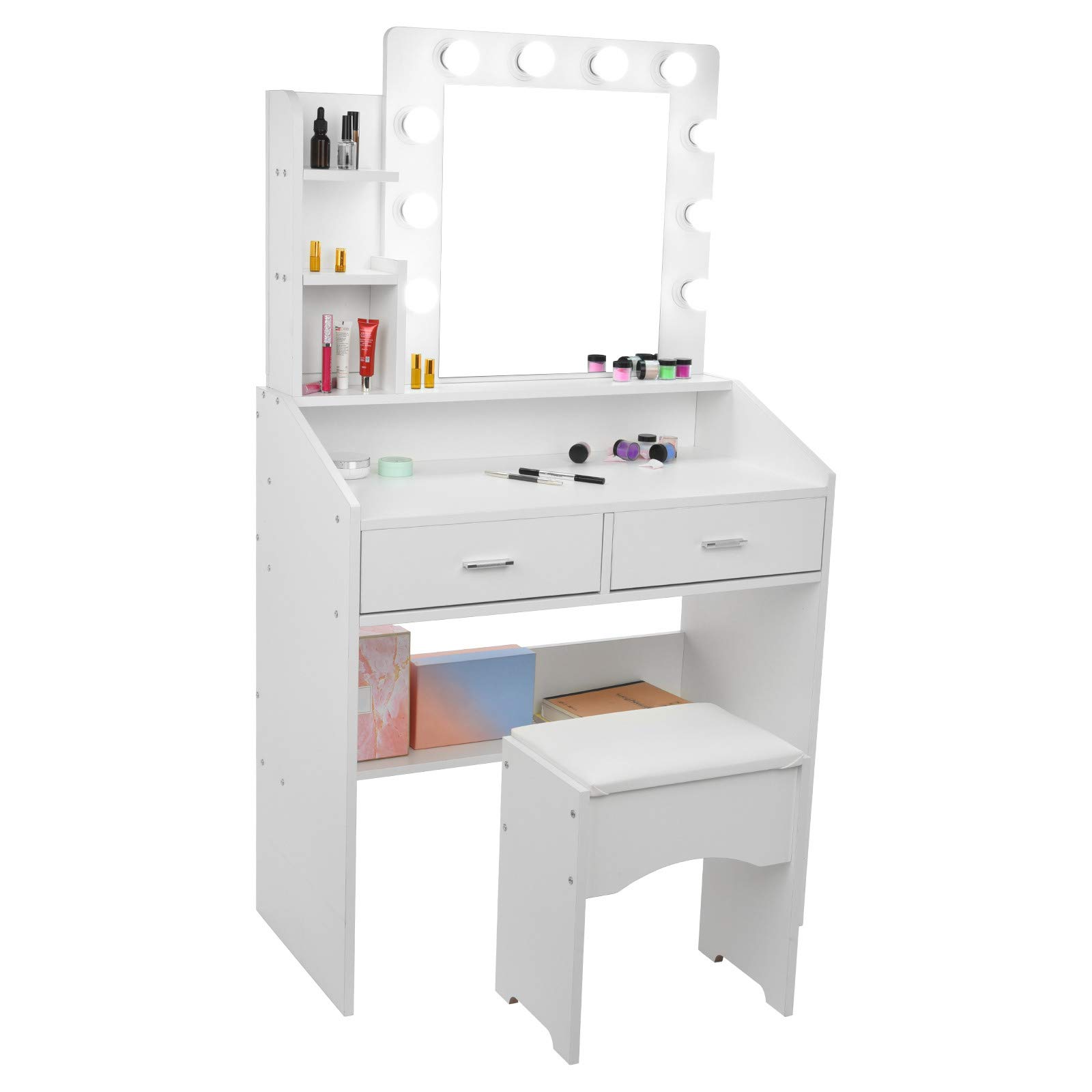 10-LED Lighted Vanity Set with Mirror, Makeup Table with 2 Drawers & 3 Shelves, Padded Stool - Dressing Table for Women & Girls, Perfect for Bedroom Decor & Gift Giving