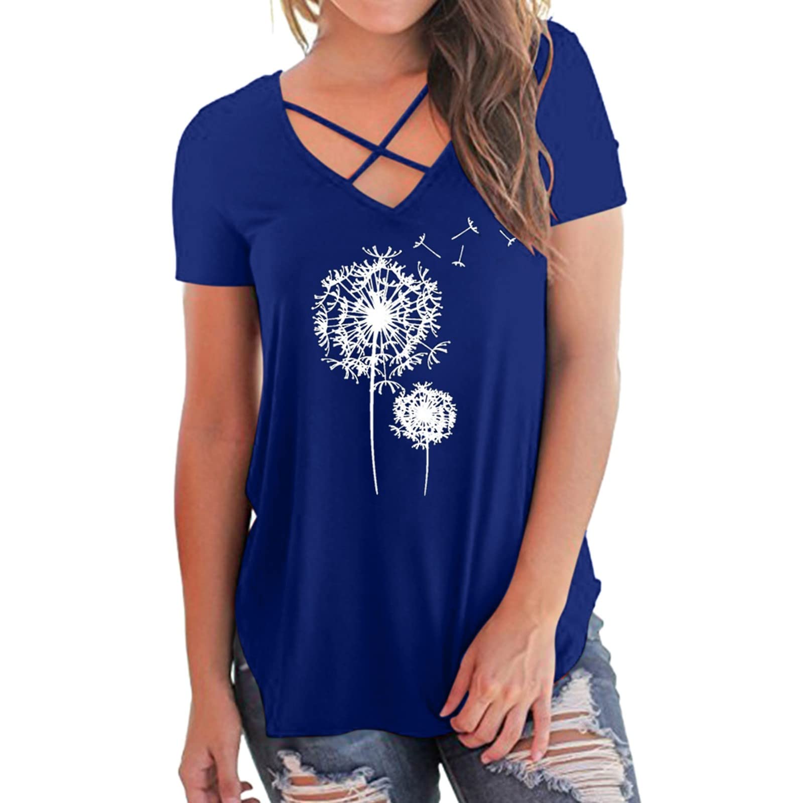 Women's Black V-Neck Short Sleeve Printed Tunic Top - Casual Summer Criss Cross T-Shirt Dress for Everyday Wear & Outfits