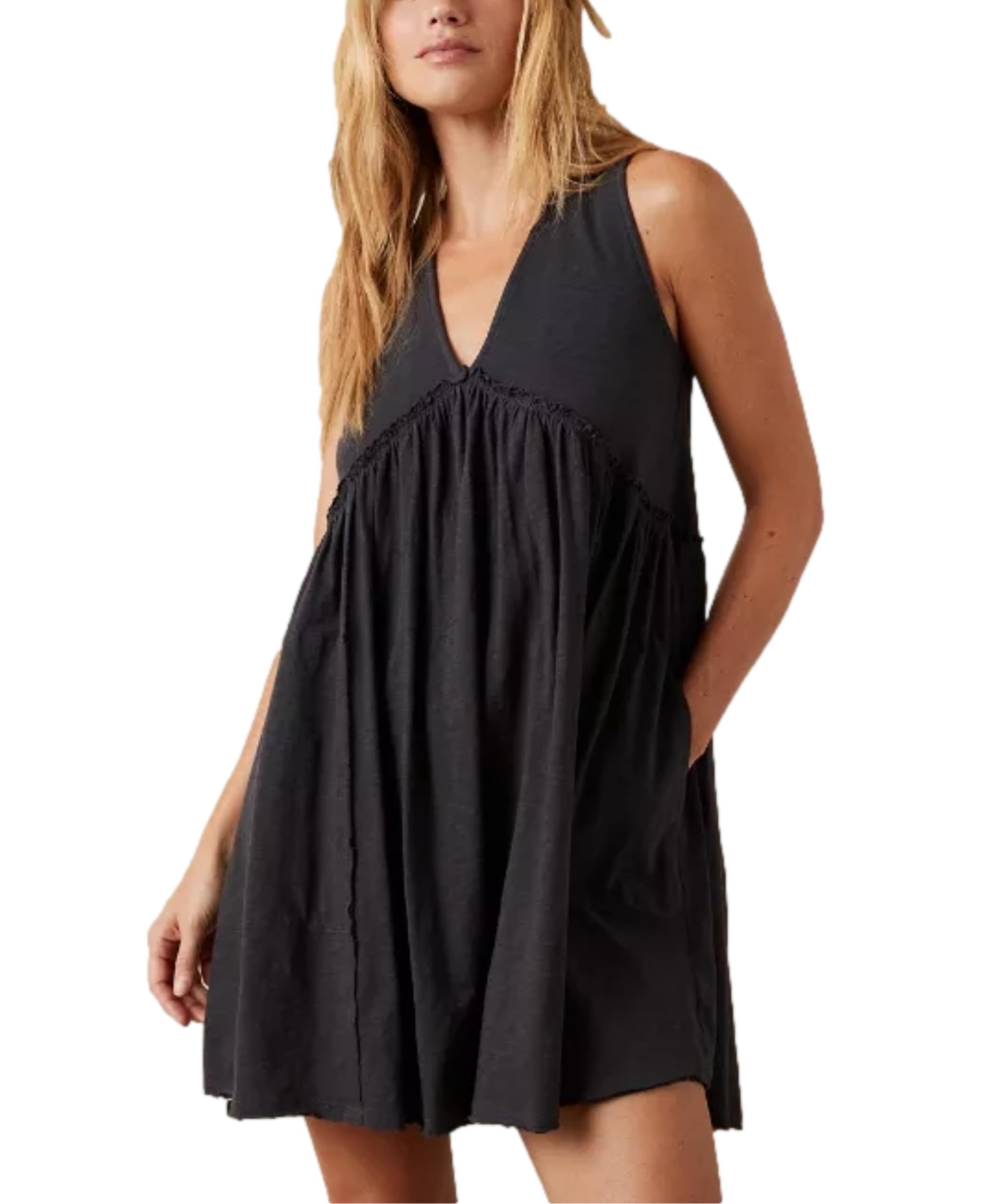 Women's Casual Sleeveless Mini Dress - Loose Fit V Neck Backless Pleated Short Tank Sundress with Pockets (Black, XL) | Perfect for Summer Outings, Beach Vacations & Casual Wear