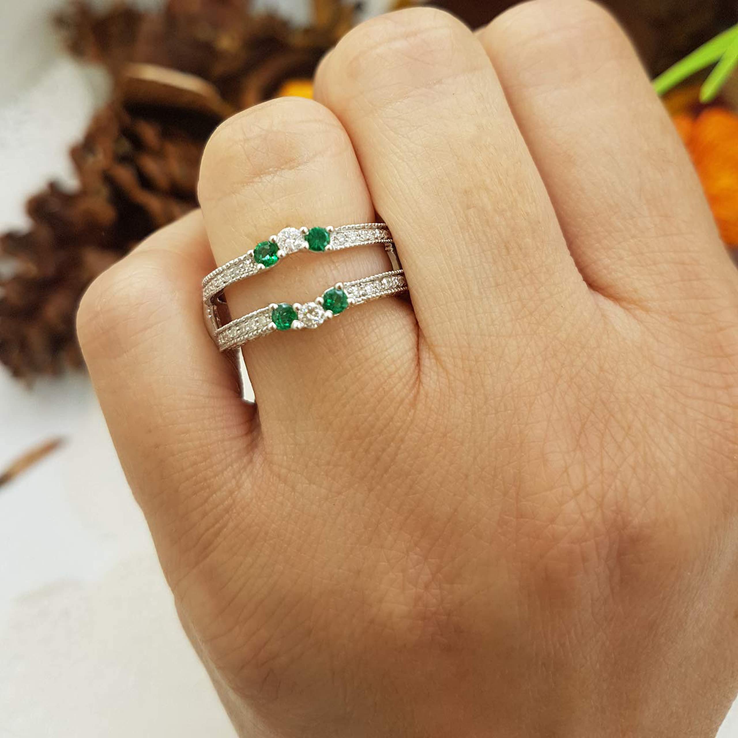 Dazzlingrock 14K Solid White Gold Round Emerald & White Diamond Women's Wedding Band Enhancer Guard Ring for Anniversary, Engagement, Bridal Jewelry Gift