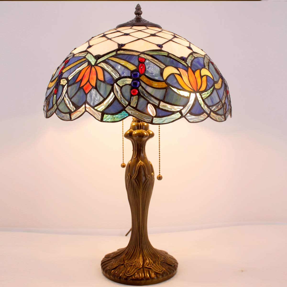 Tiffany Style Stained Glass Table Lamp - Blue Lotus Design, 16x16x24 Inches, Metal Base for Bedroom, Living Room, Home Office (S220 Series) | Perfect for Reading, Nightstand Decor & Cozy Ambiance Lighting