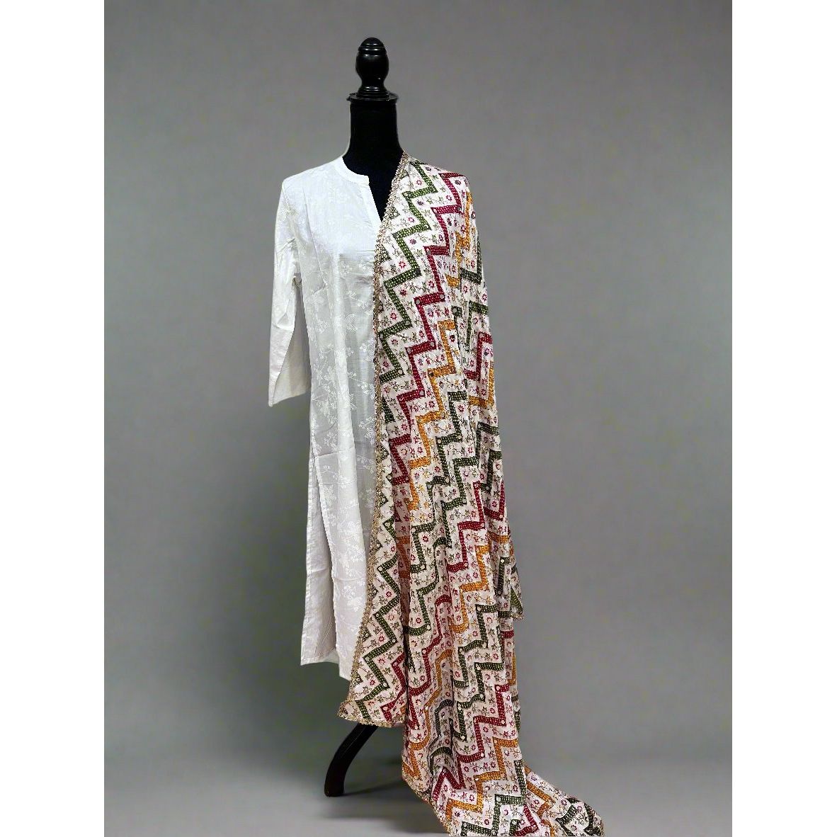 White Multicolor Chinon Foil Print Dupatta with Mirror Work - Elegant Indian Scarf for Women, Perfect for Weddings, Parties & Festive Occasions