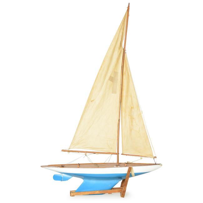 Blue and Cream Model Sailboat (A+D) - Handcrafted Decorative Ship for Home & Office Display - Perfect for Nautical Decor, Gifts, and Collectibles