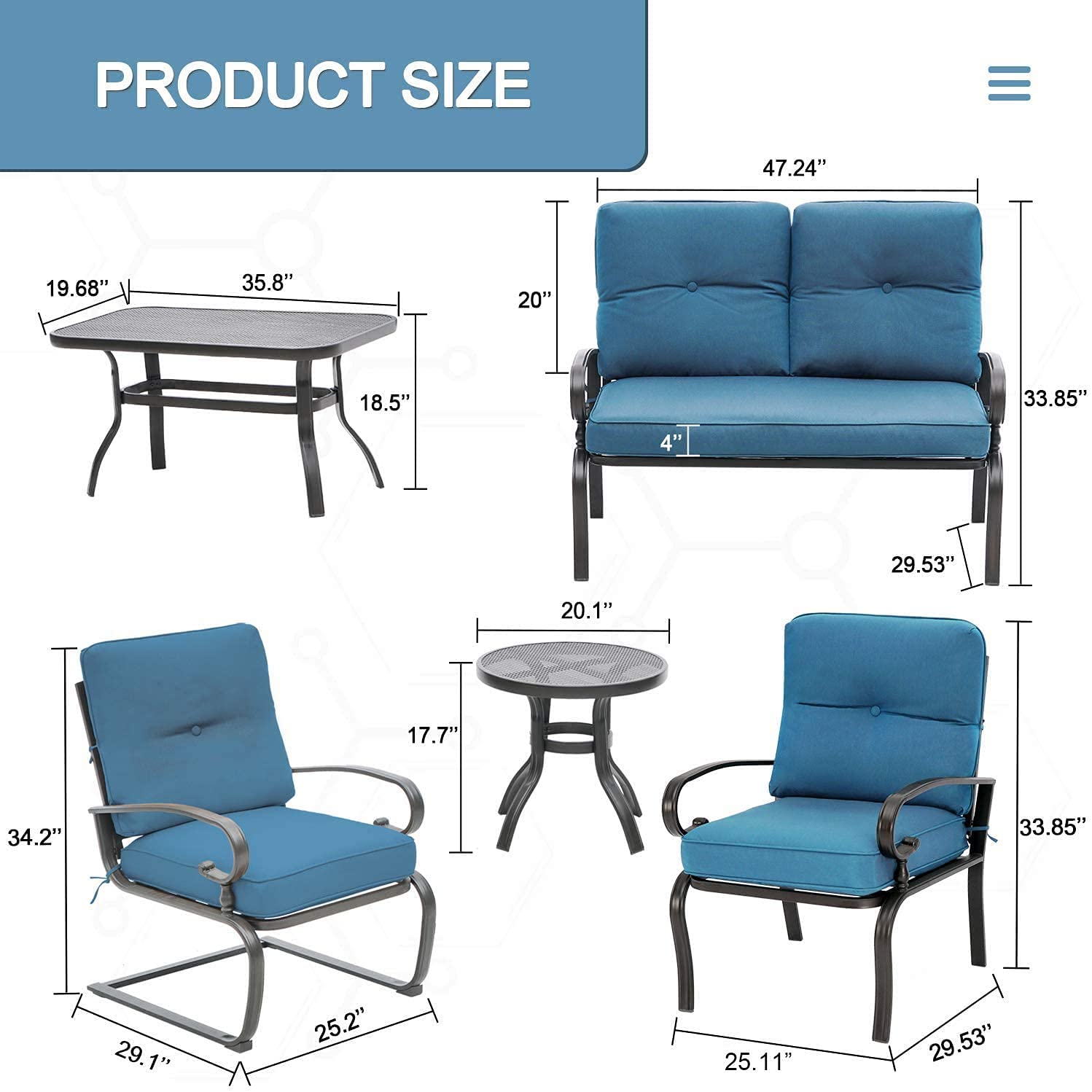 SOLAURA 7-Piece Outdoor Metal Patio Furniture Set - 2 Spring Chairs, 2 Patio Chairs, Loveseat with Coffee Table & Side Table in Peacock Blue - Perfect for Garden, Backyard, Poolside & Outdoor Relaxation