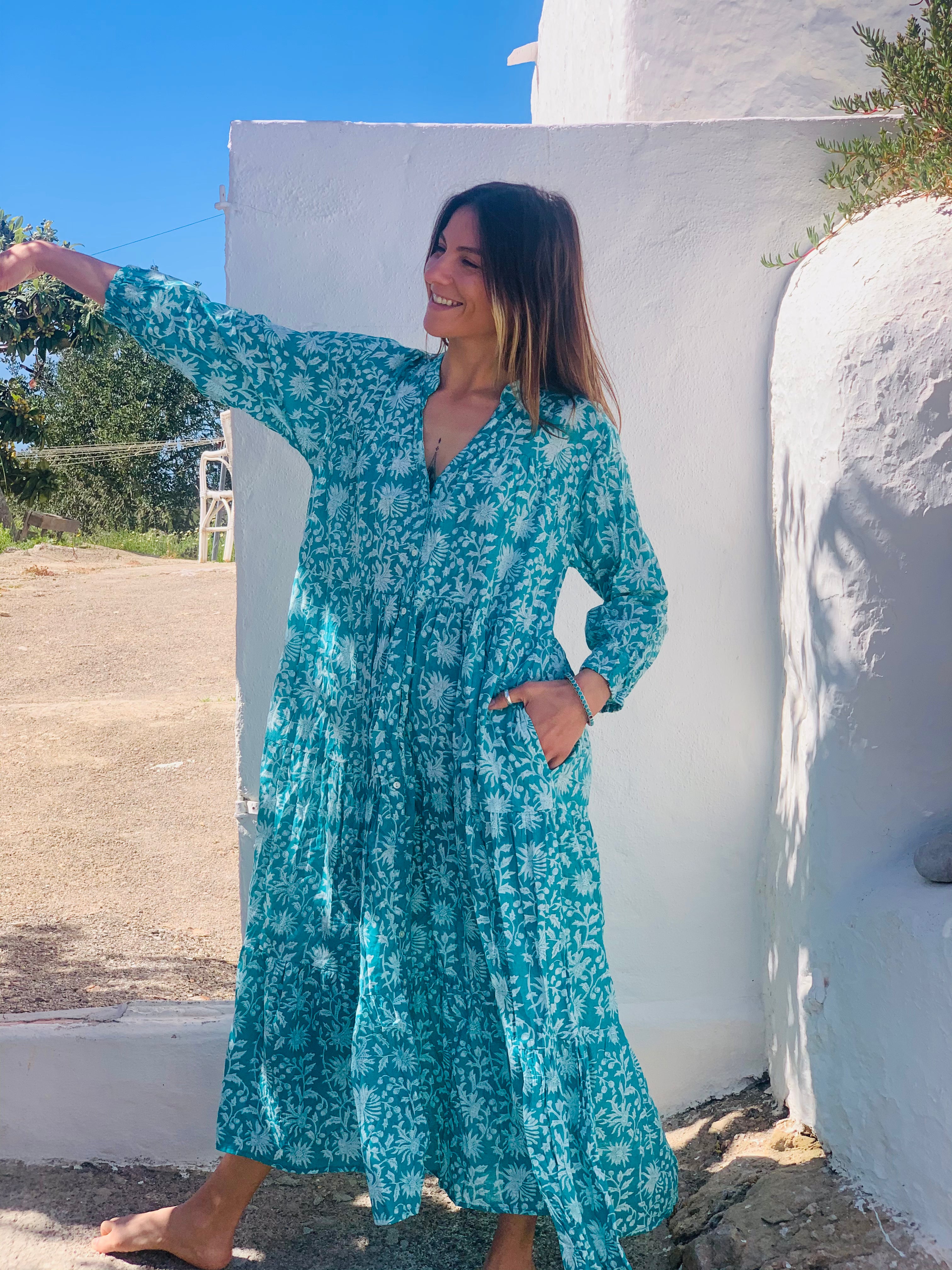 Turquoise Green Hawa Mahal Kaftan Dress for Women - Boho Chic Beach Cover Up, Resort Wear for Formentera Vacations & Summer Getaways
