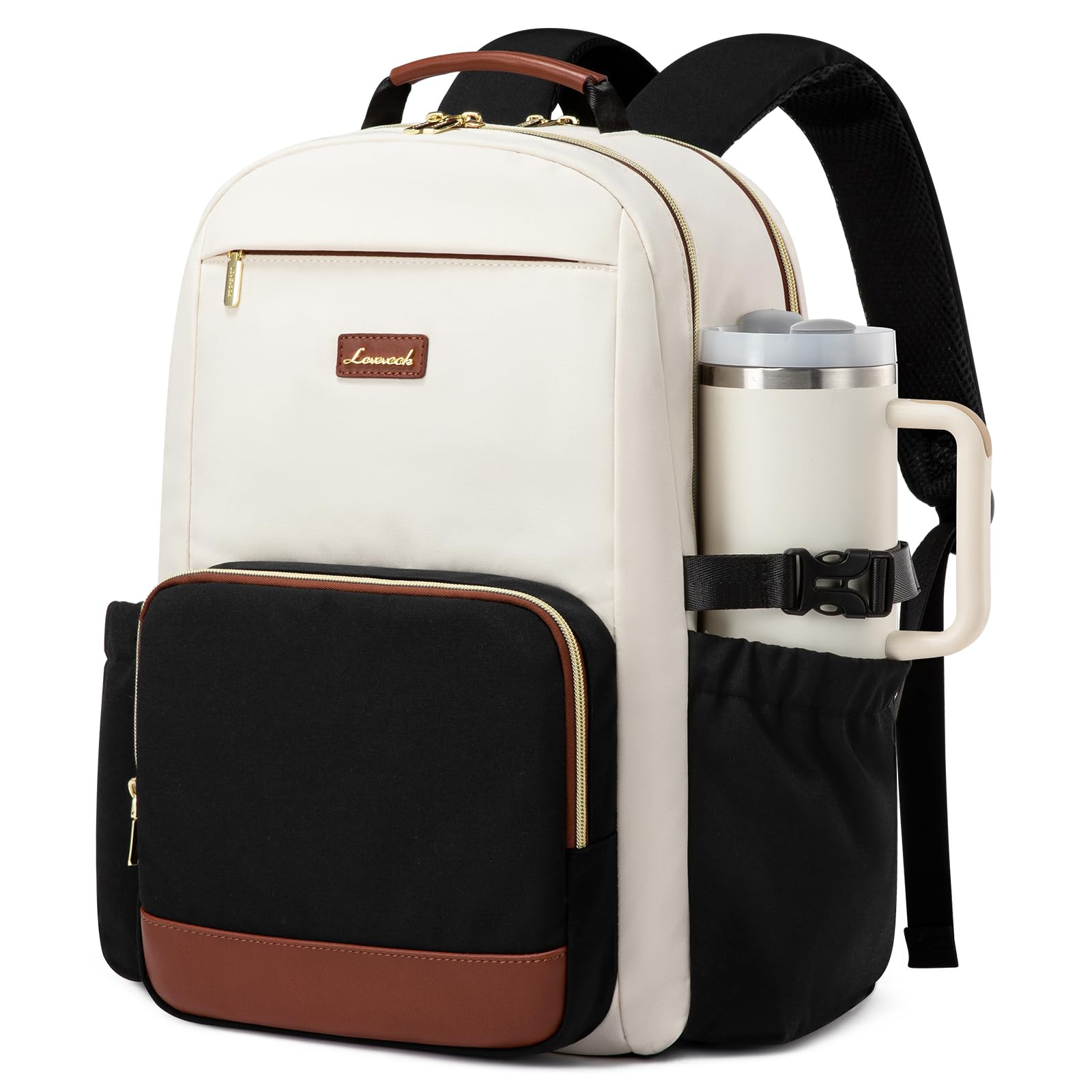 LOVEVOOK Women's 17 Inch Laptop Backpack - Large Capacity Waterproof Travel Computer Bag with Pouch Pocket for Cup - Business Work Backpack for College, Teacher & Office Use - Beige, Black & Brown Color Options