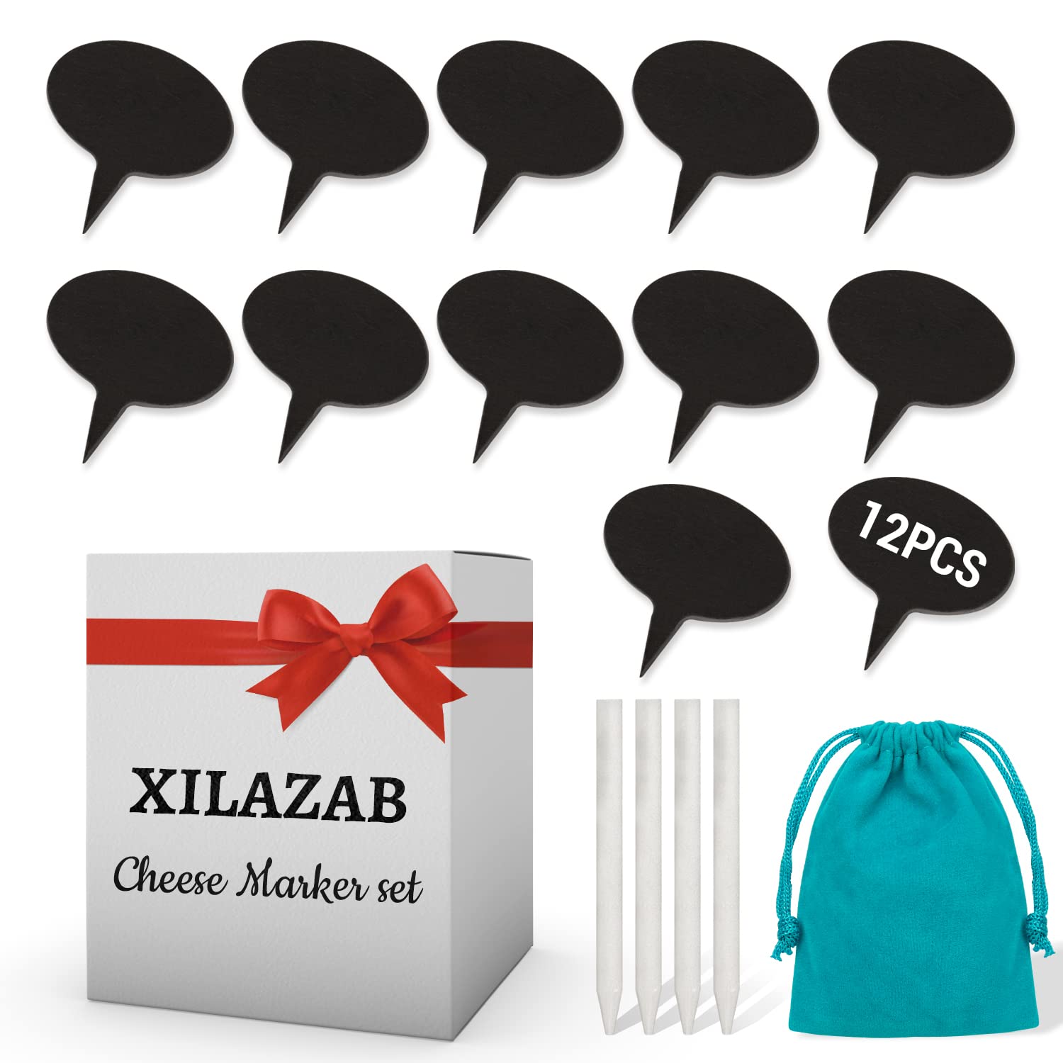 XILAZAB 12-Piece Oval Natural Slate Cheese Markers with 4 Chalk Sticks - Reusable Black Cheese Labels & Food Tags for Charcuterie Boards, Party Platters, Wine & Cheese Nights - Perfect for Weddings, Catering & Gourmet Cheese Display