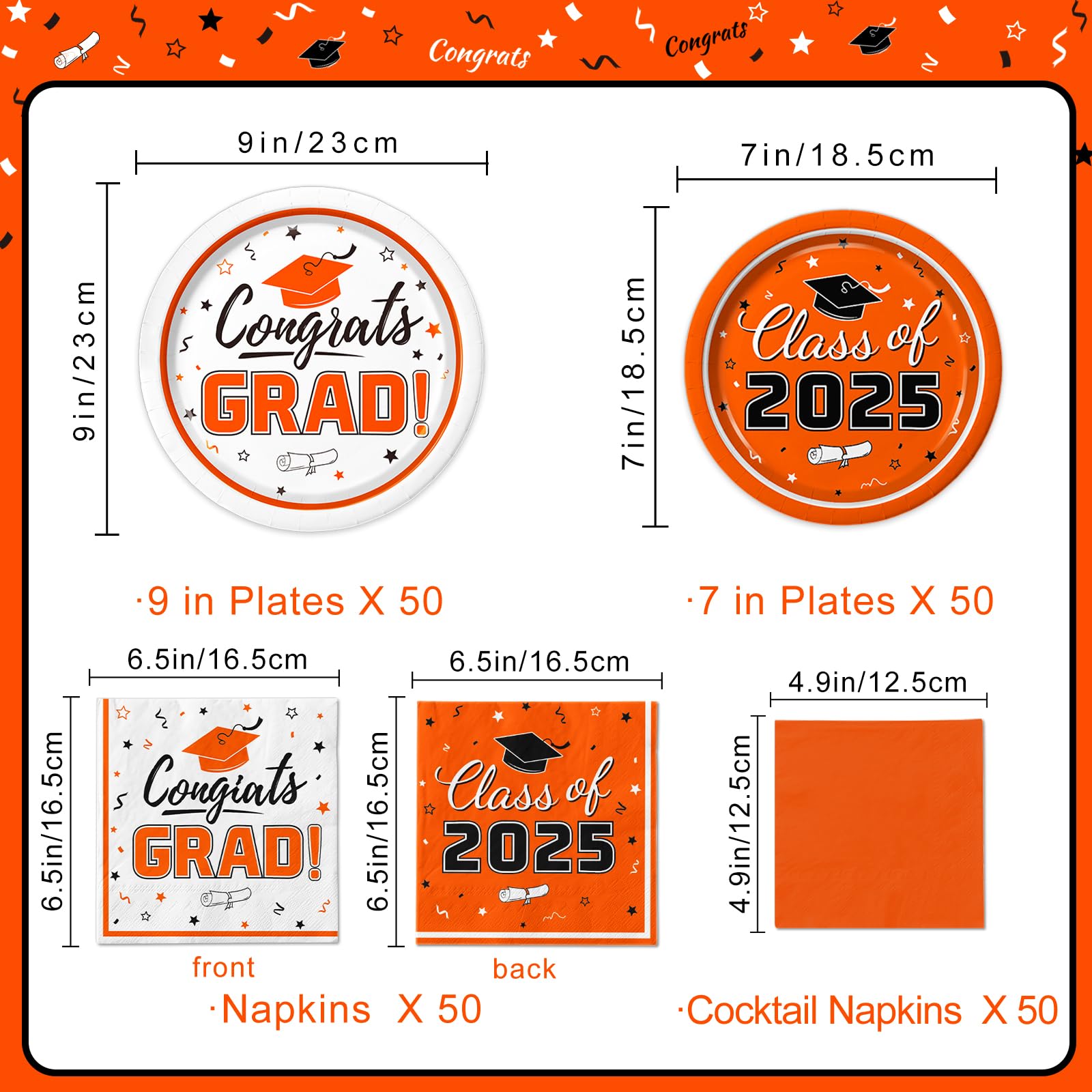2025 Graduation Party Supplies Kit - Orange Themed Tableware Set for 50 Guests | Disposable Dinner Plates, Dessert Plates & Napkins | Perfect for Class of 2025 Graduation Decorations & Celebration Parties